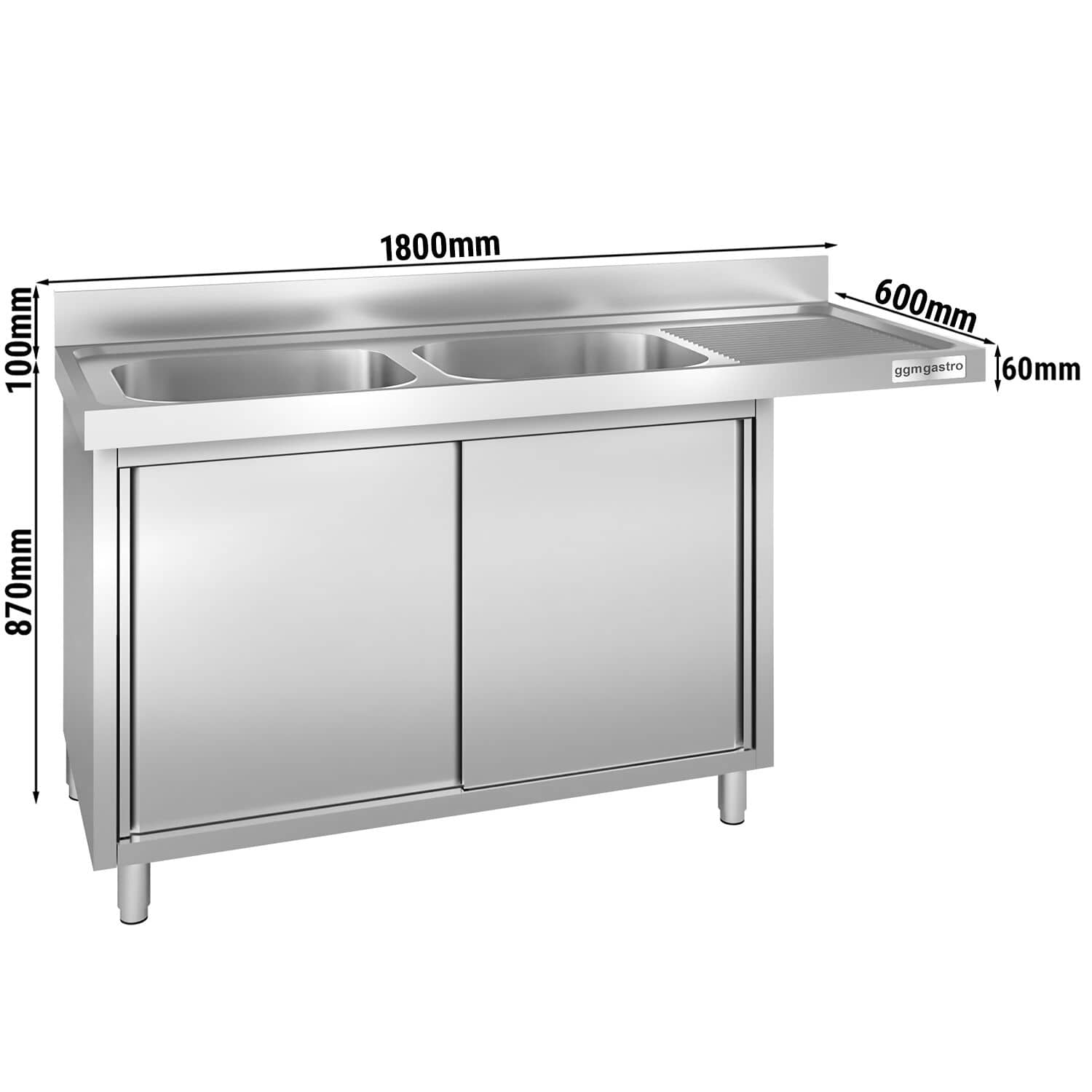 Chiuvetă tip dulap pentru mașină de spălat vase - 1800x600 mm - cu 2 cuve stânga — 3