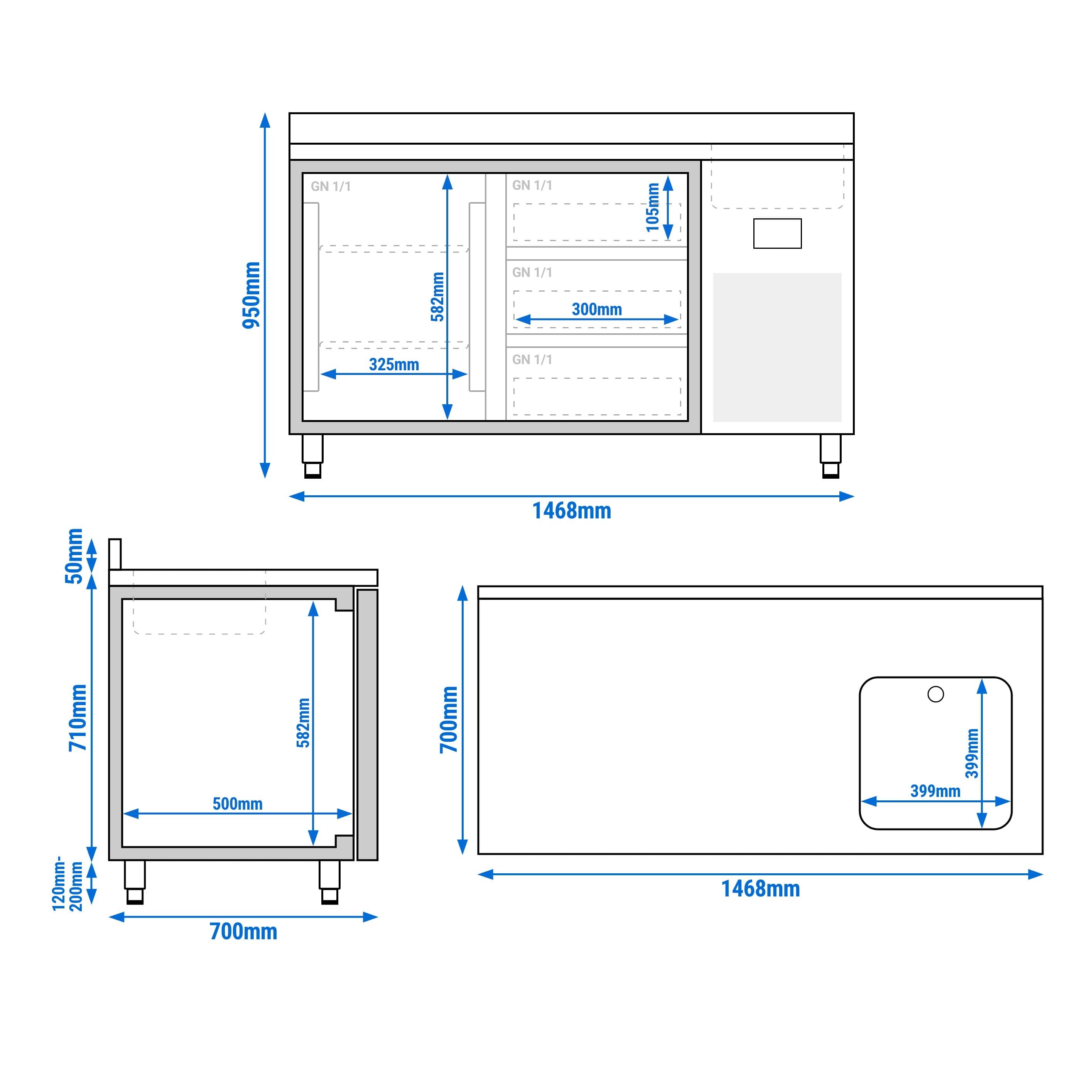 Masă frigorifică Premium PLUS – 1468 x 700 mm – cu 1 cuvă, 1 ușă, 3 sertare – rebord — 13
