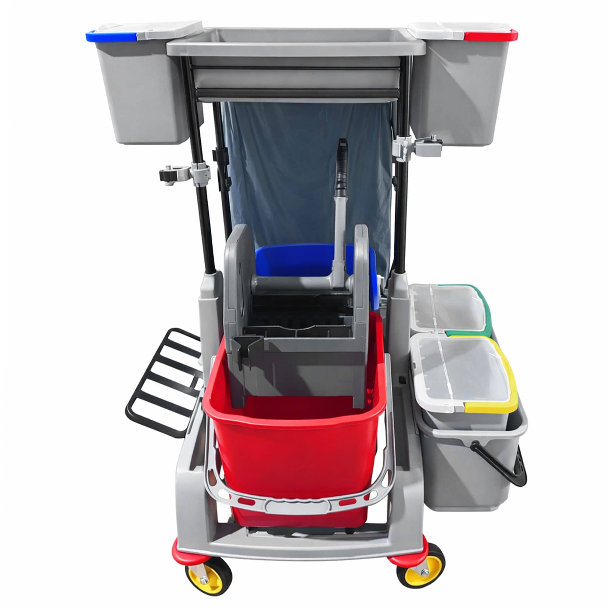 Cărucior de curățenie – 6 recipiente, storcător de mop, sac pentru rufe și raft — 5
