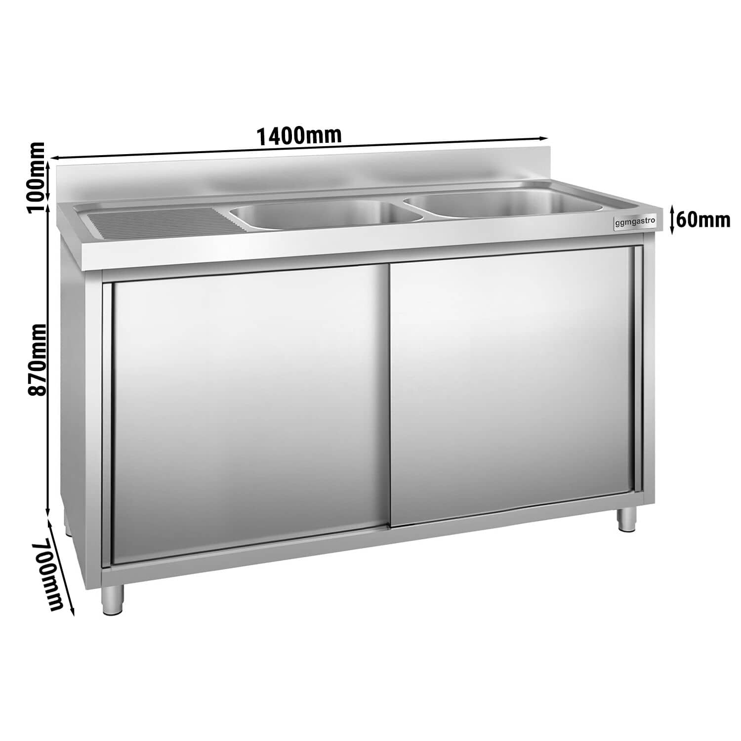 Chiuvetă tip dulap PREMIUM - din oțel inoxidabil - 1400x700 mm - cu 2 cuve pe dreapta — 3