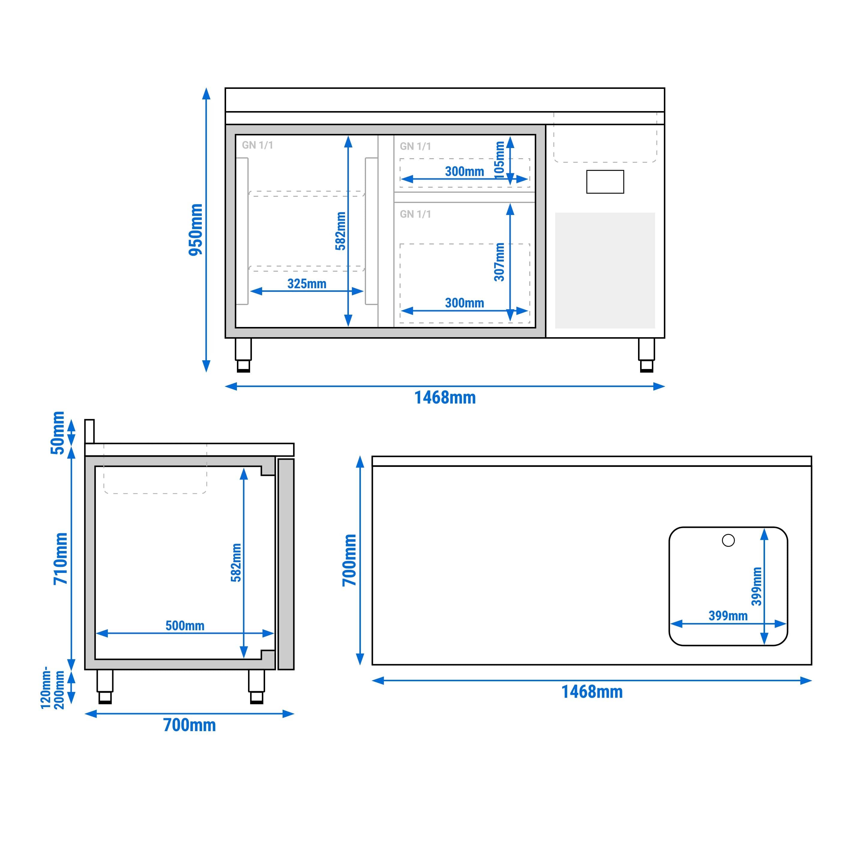 Masă frigorifică Premium PLUS – 1468 x 700 mm – cu 1 cuvă, 1 ușă, 2 sertare – rebord — 11