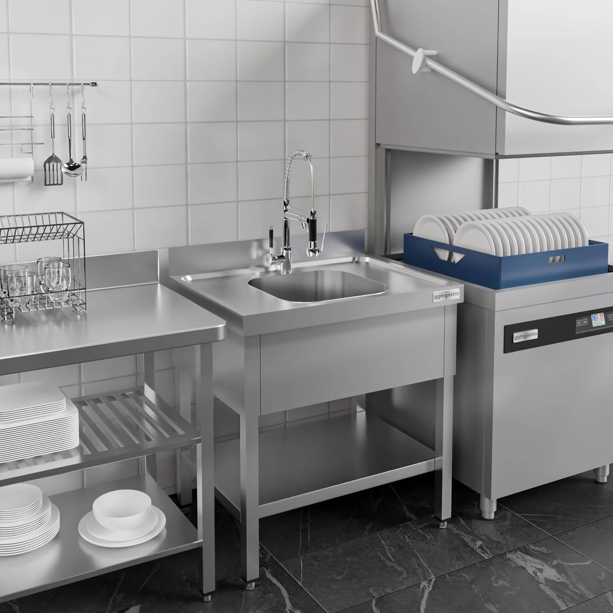 Chiuvetă profesională PREMIUM - 800x600 mm - cu poliță inferioară - cu 1 cuvă - cuva centrală — 11