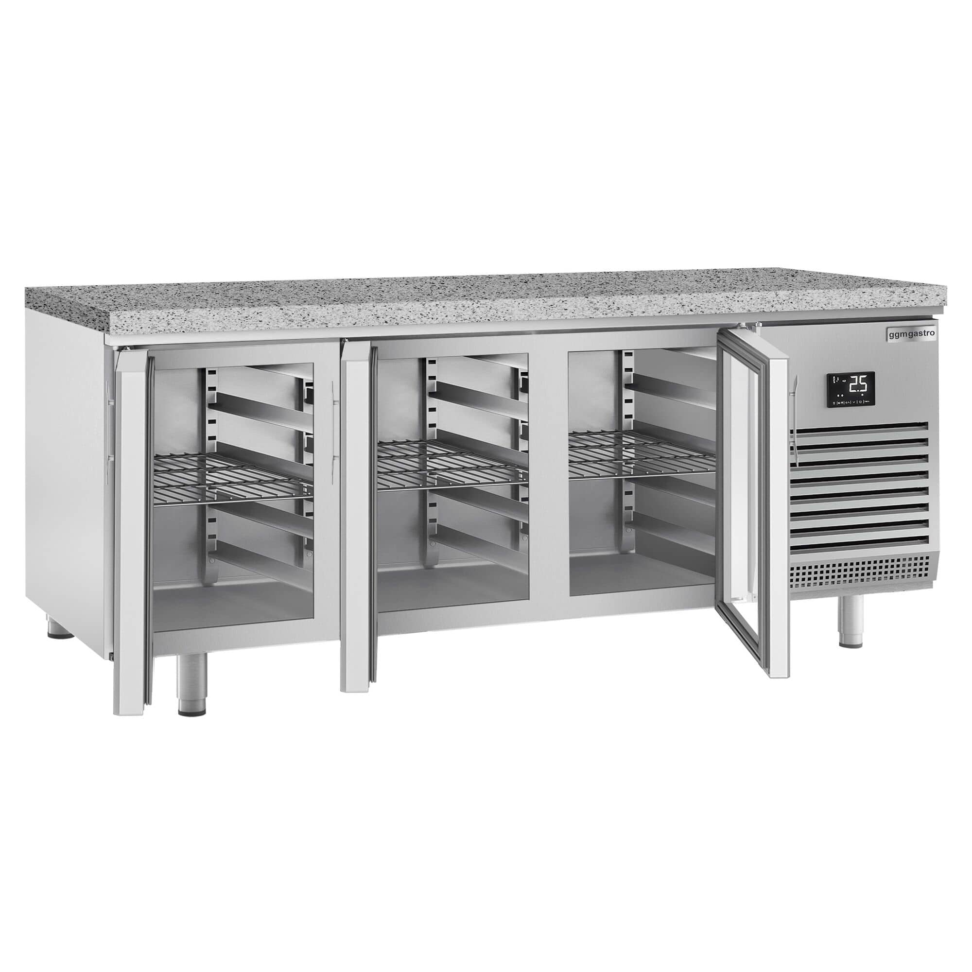Masă frigorifică panificație Premium PLUS – 2185 x 800 mm – 3 uși din sticlă – blat din granit — 5