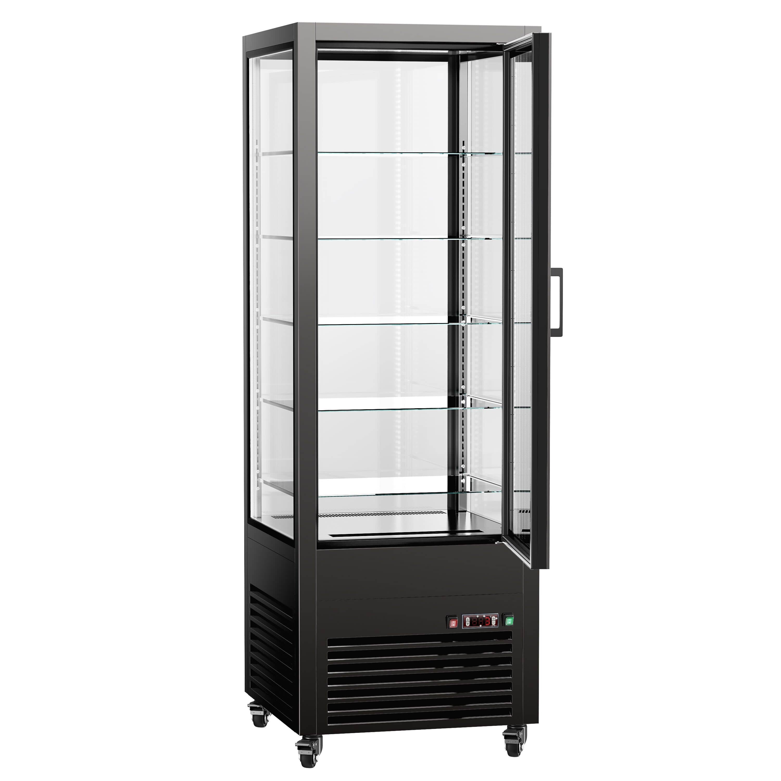 Vitrină panoramică - 440 litri - 675 mm - 1 ușă din sticlă - geam drept - cu 5 rafturi - iluminare LED; 360°/cu geam pe 4 fețe - negru — 6