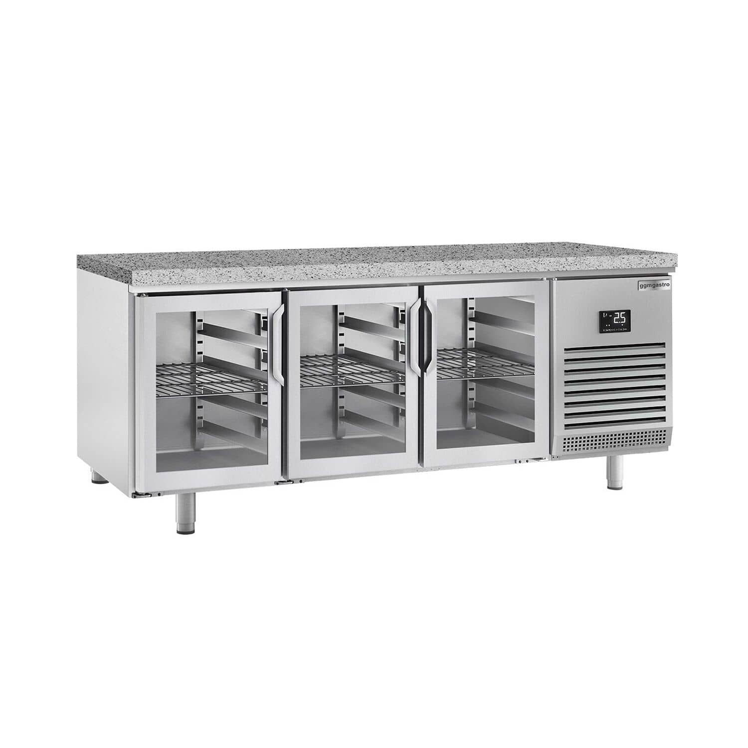 Masă frigorifică panificație Premium PLUS – 2185 x 800 mm – 3 uși din sticlă – blat din granit — 2