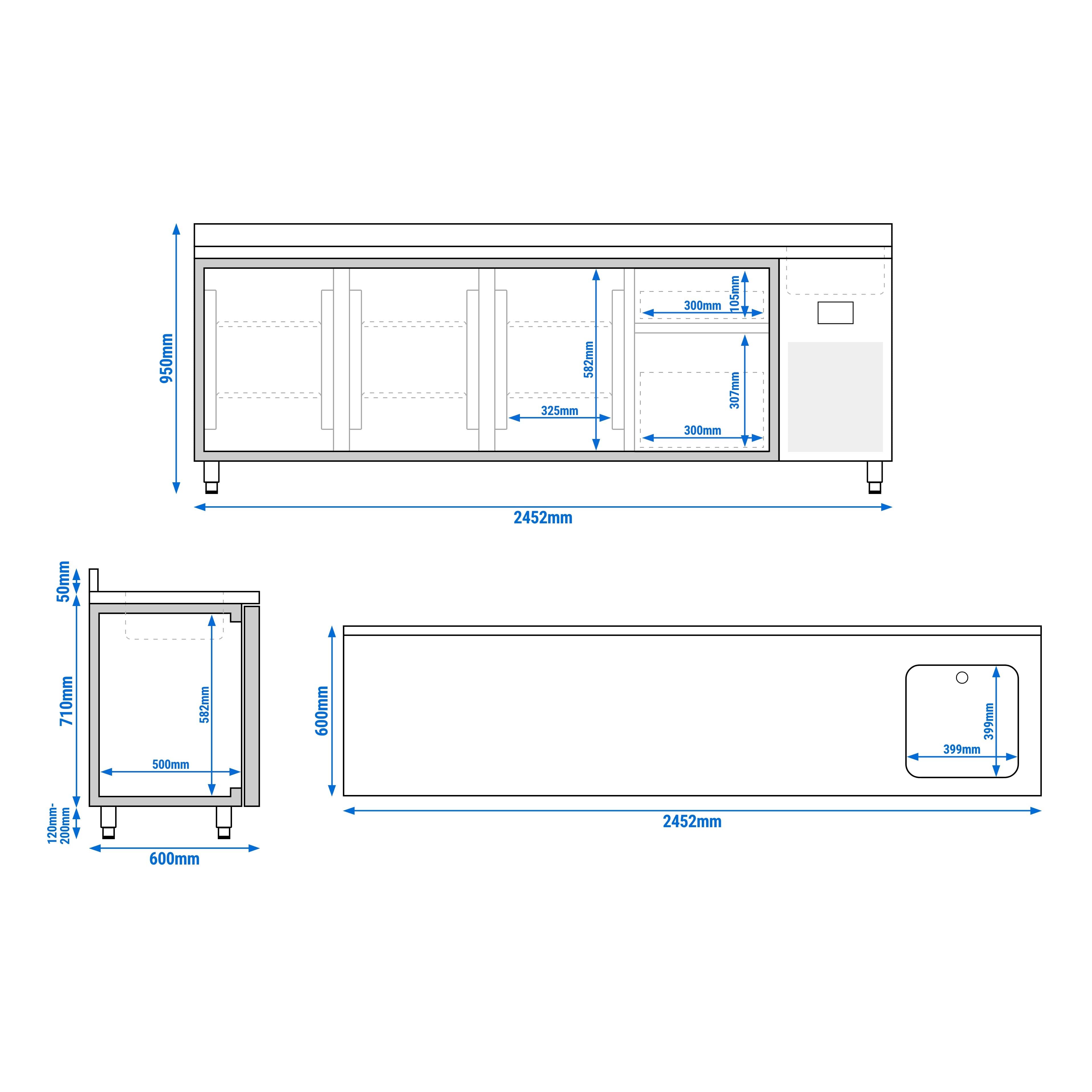Masă frigorifică Premium PLUS – 2452 x 600 mm – cu 1 cuvă, 3 uși – 2 sertare – rebord — 11