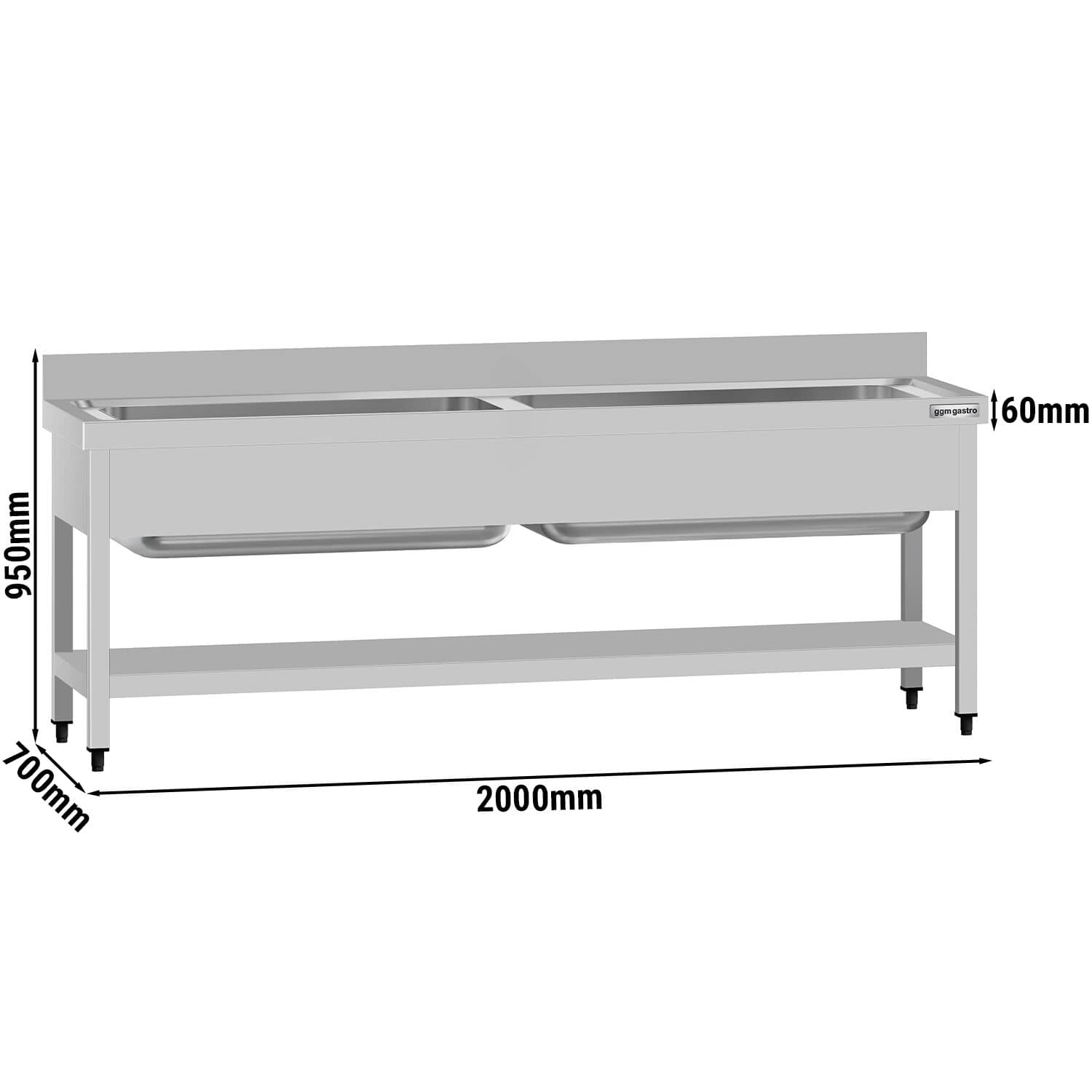 Chiuvetă pentru spălat vase ECO – 2000 x 700 mm – cu poliță și 2 cuve — 3