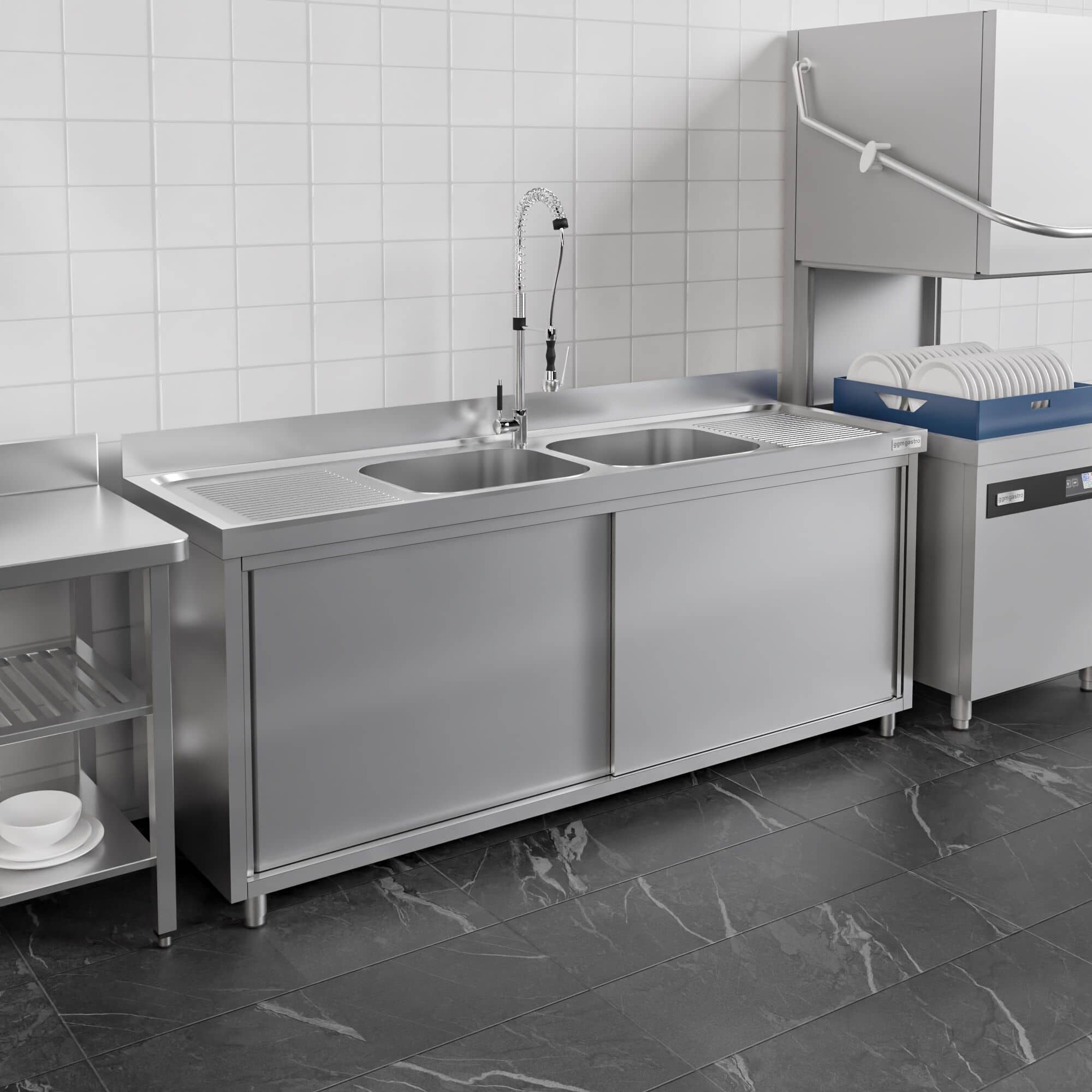 Chiuvetă tip dulap PREMIUM - din oțel inoxidabil - 2000x600 mm - cu 2 cuve centrale — 13