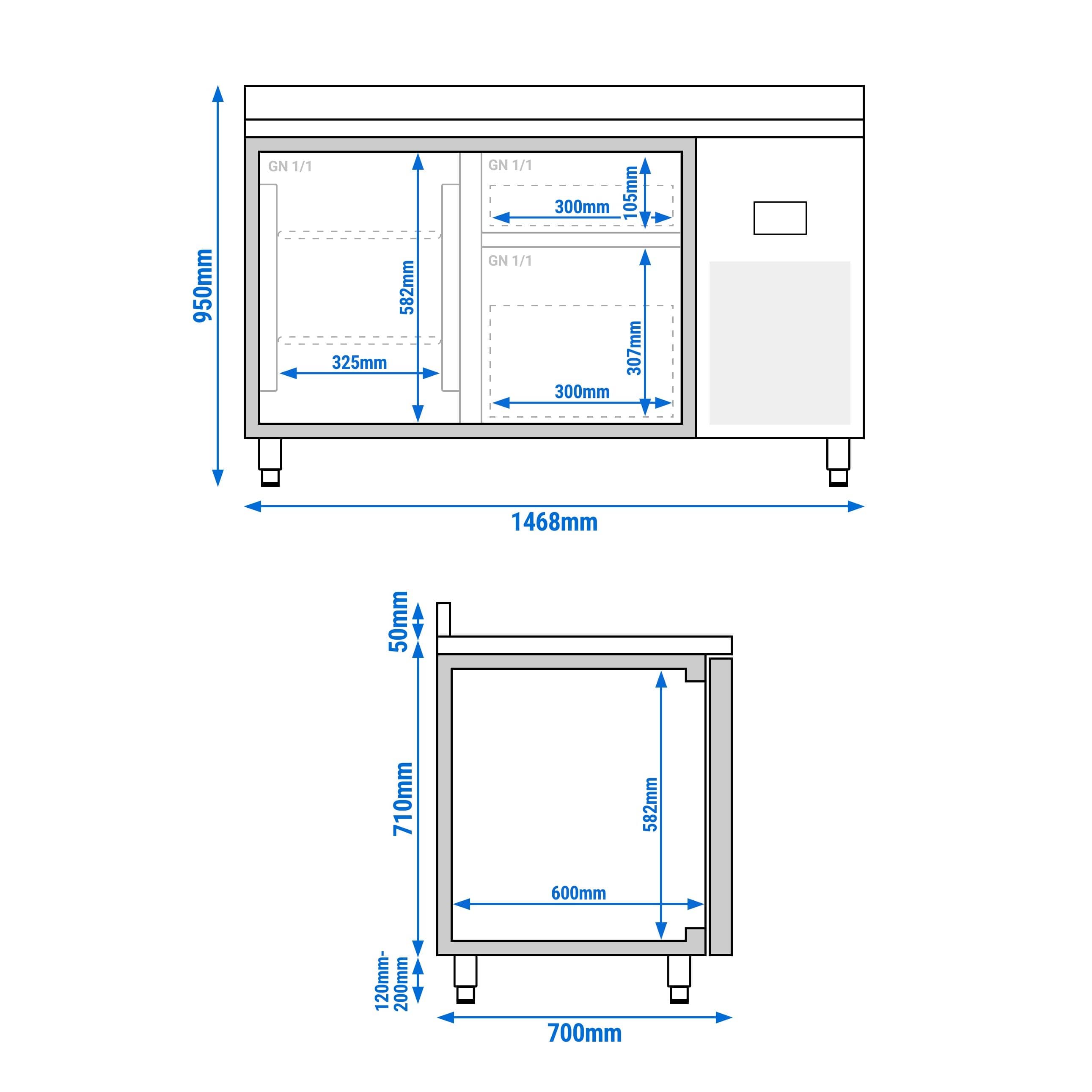 Masă frigorifică Premium PLUS – 1468 x 700 mm – cu 1 ușă – 2 sertare – cu rebord — 14