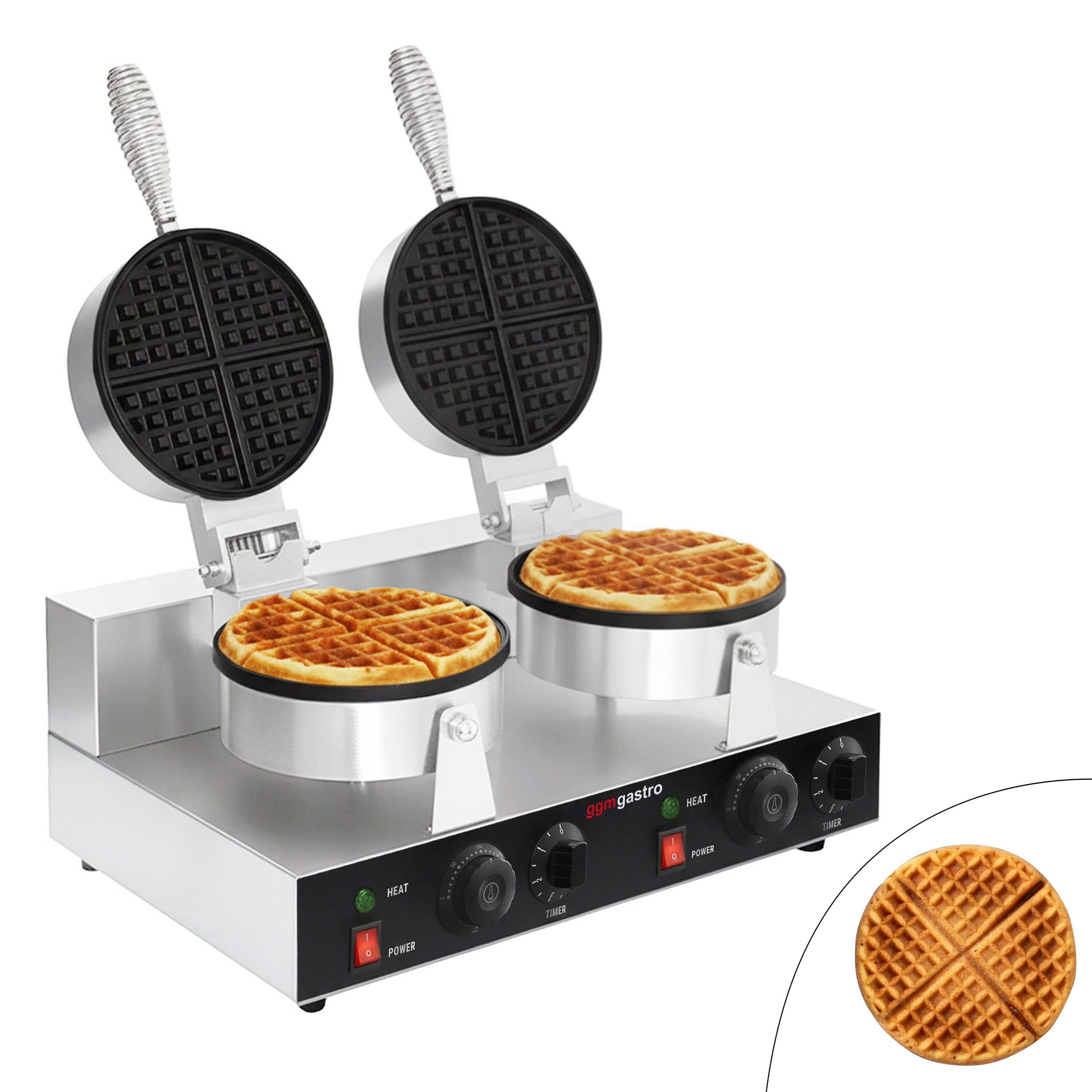 Aparat Gofre / Vafe Profesional - Dublu - Manual - 2,6 kW - Formă: rotund - Ø 180 mm - Tavă aparat vafe teflonată — 2