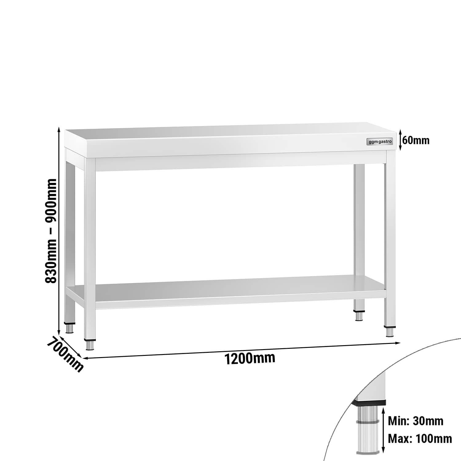 Masă de lucru inox PREMIUM centrală cu poliță 1200x700 mm GGM Gastro, Germania — 2