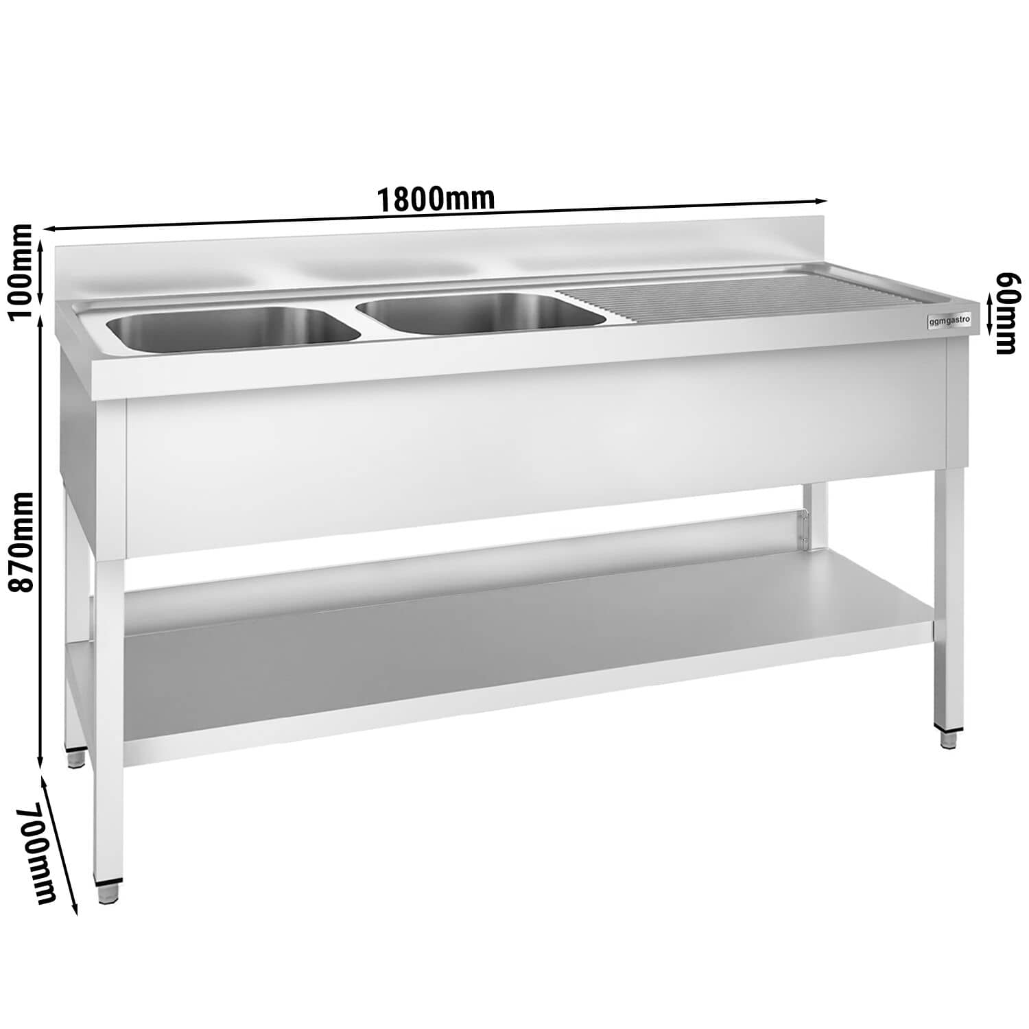 Chiuvetă profesională pentru oale PREMIUM - 1800x700 mm - cu poliță inferioară - cu 2 cuve — 3