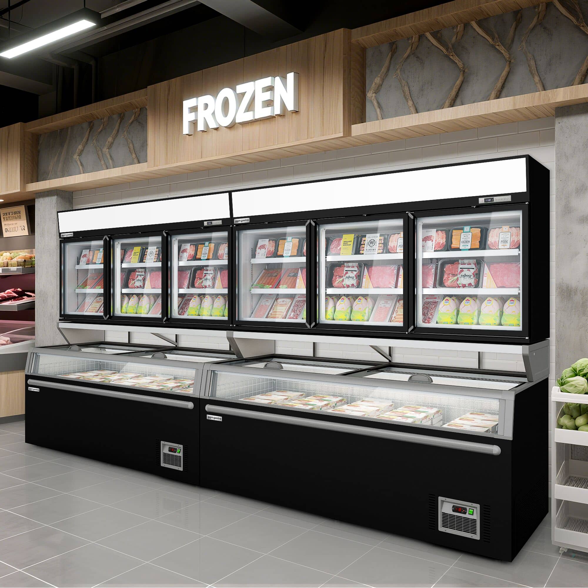 Vitrină congelatoare de perete pentru supermarket – 2100 mm – 346 litri – cu 3 uși și 2 rafturi – Negru — 10
