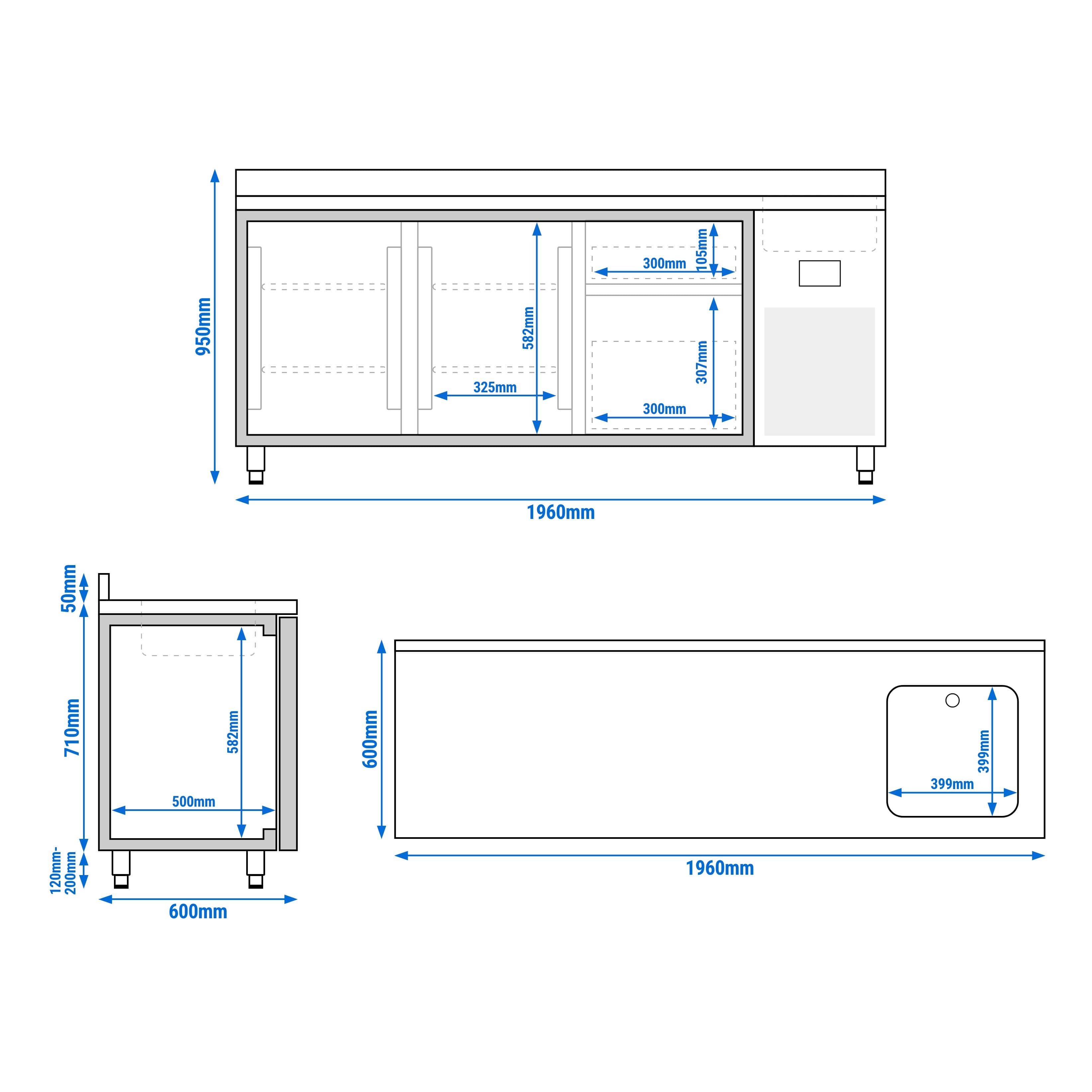 Masă frigorifică Premium PLUS – 1960 x 600 mm – cu 1 cuvă, 2 uși, 2 sertare – rebord — 12