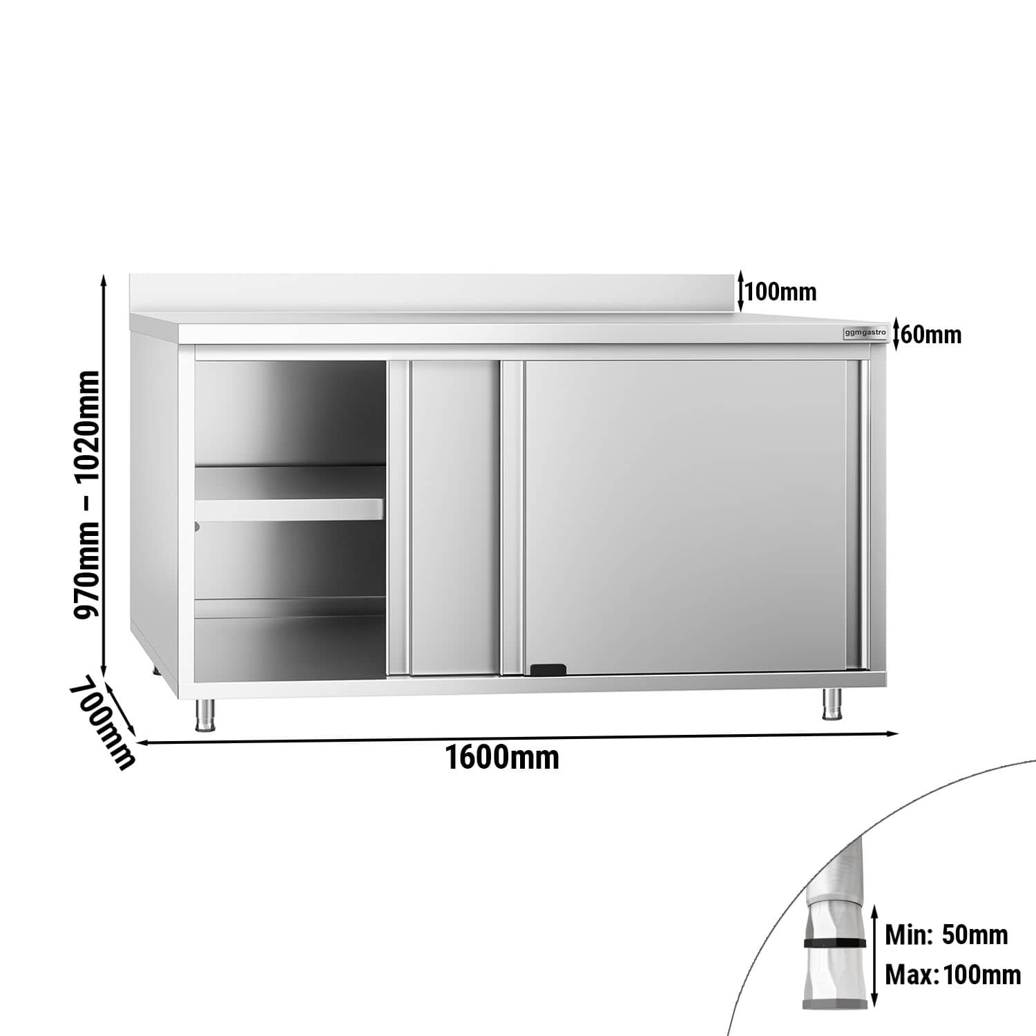 Dulap de lucru din oțel inoxidabil PREMIUM – 1600 x 700 mm – cu ușă glisantă și rebord — 3