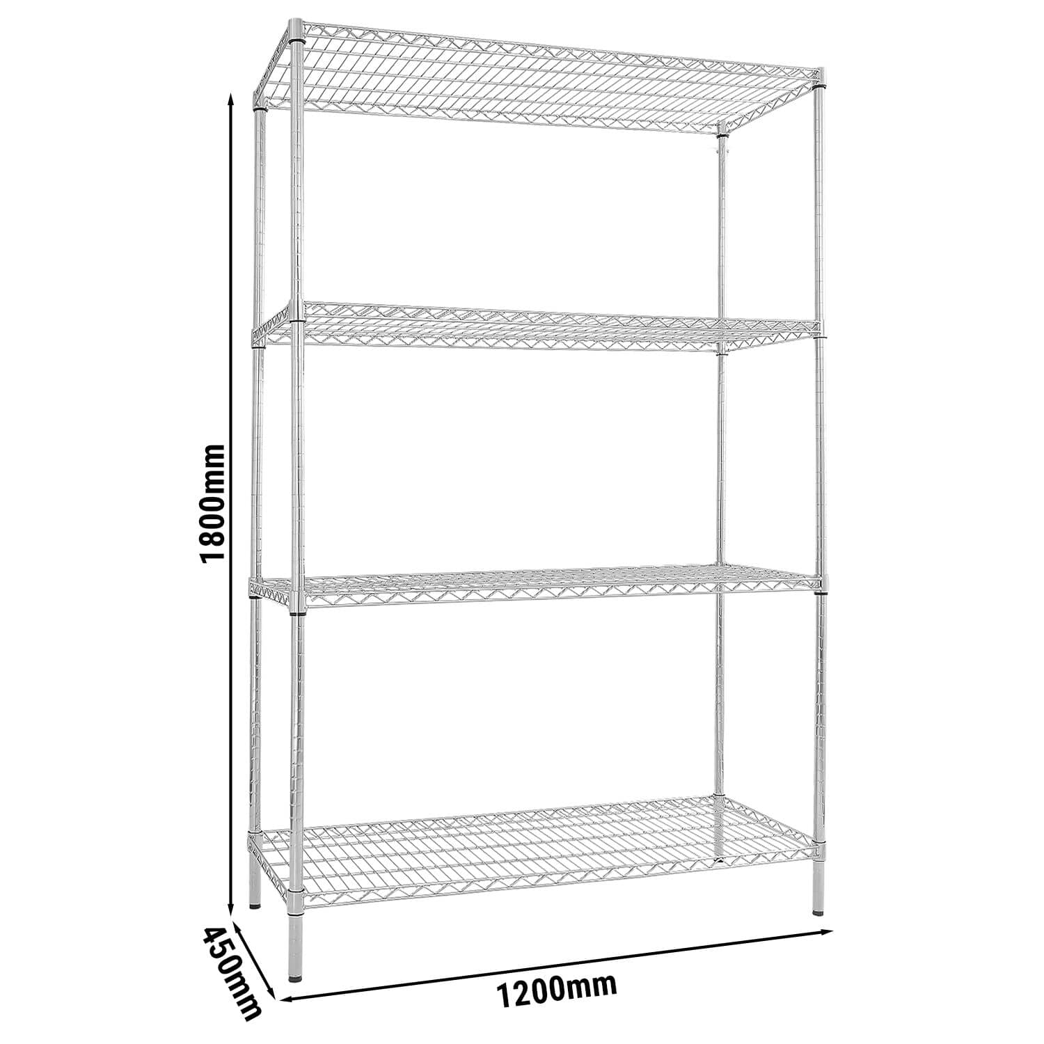 Raft metalic - Modul de bază - 1200x450x(H)1800 mm - Adâncime: 450 mm - cu 4 polițe reglabile - cromat - Capacitate totală: 180 kg — 3