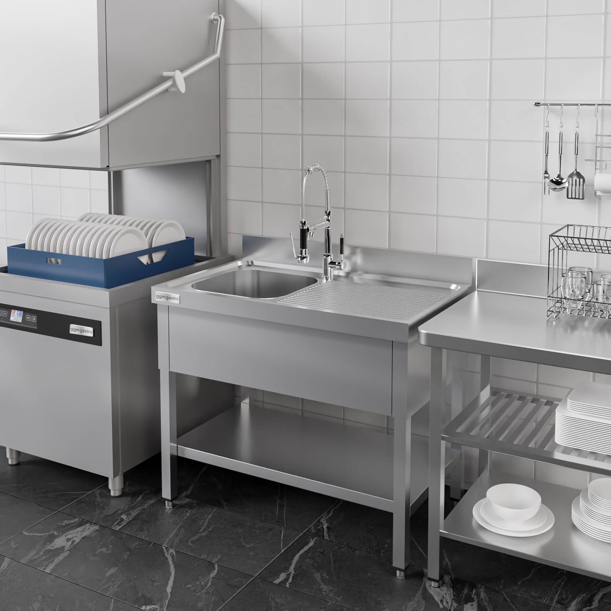 Chiuvetă profesională PREMIUM - 1400x600 mm - cu poliță inferioară - cu 1 cuvă - cuva pe stânga — 11