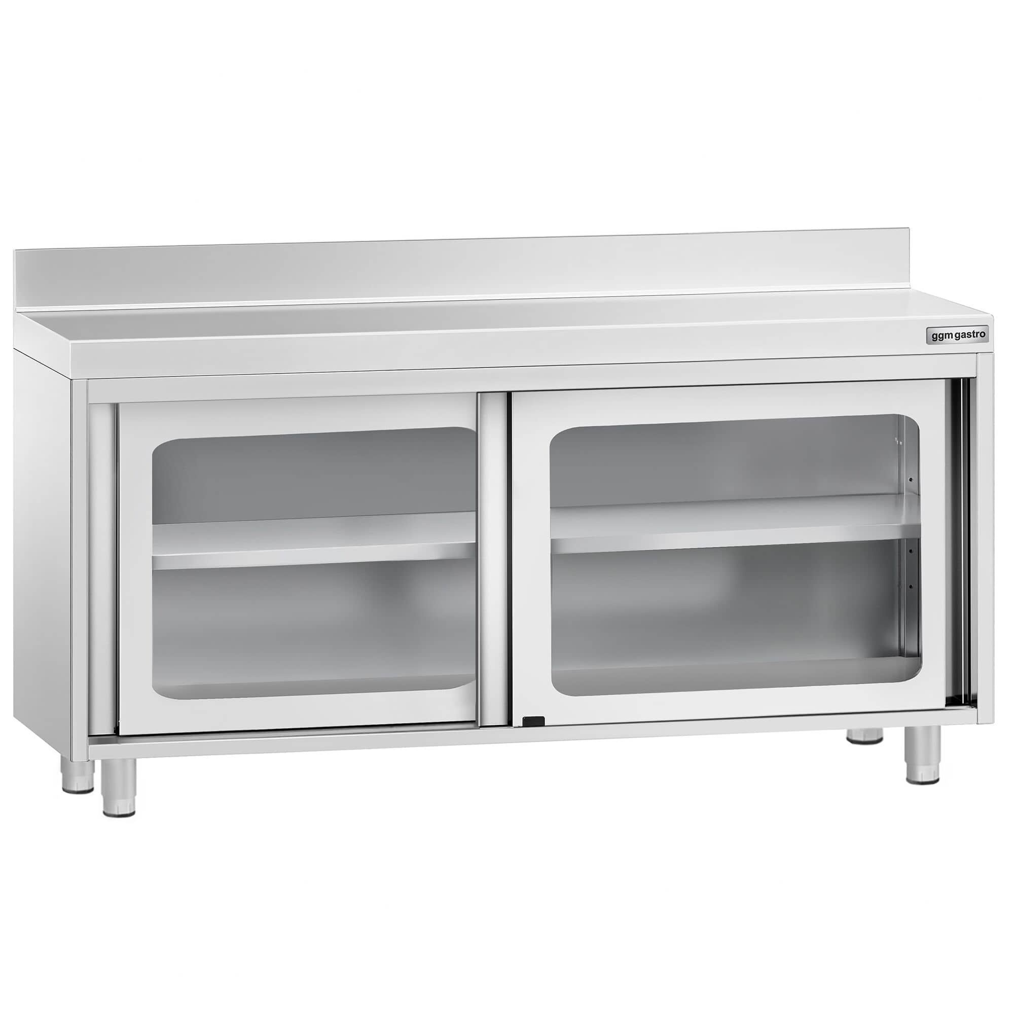 Masă de lucru tip dulap din oțel inoxidabil PREMIUM - 1600x700 mm - uși glisante din sticlă - cu rebord — 4