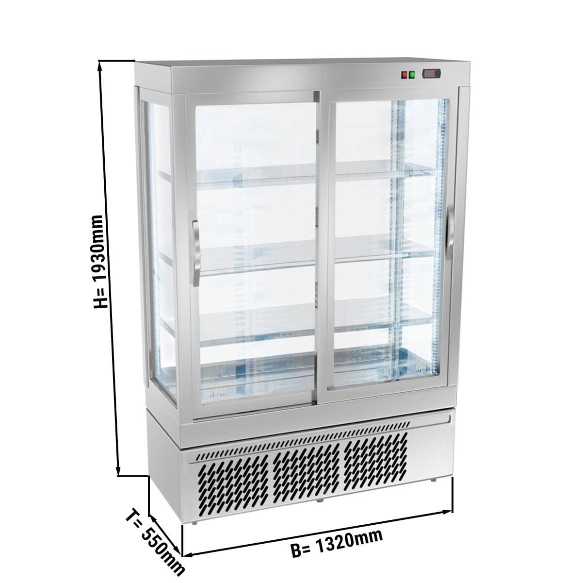 Vitrină panoramică – expunere generală verticală - 855 litri - 1320 mm - 2 uși din sticlă - geam drept - cu 3 rafturi - iluminare LED - argintiu — 3