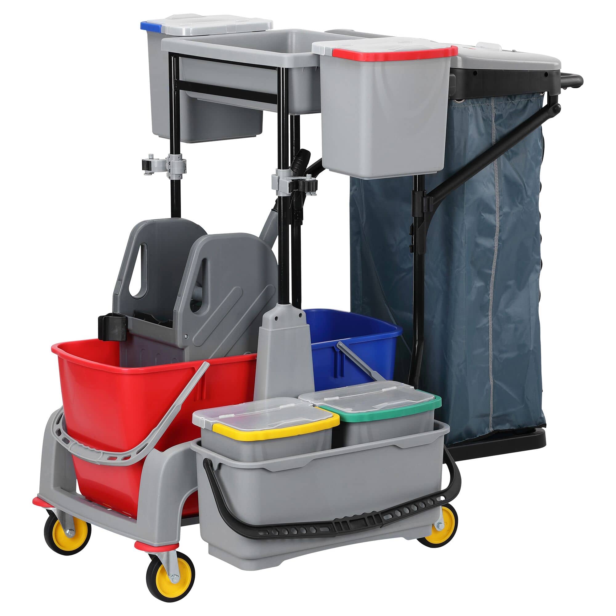Cărucior de curățenie – 6 recipiente, storcător de mop, sac pentru rufe și raft — 4