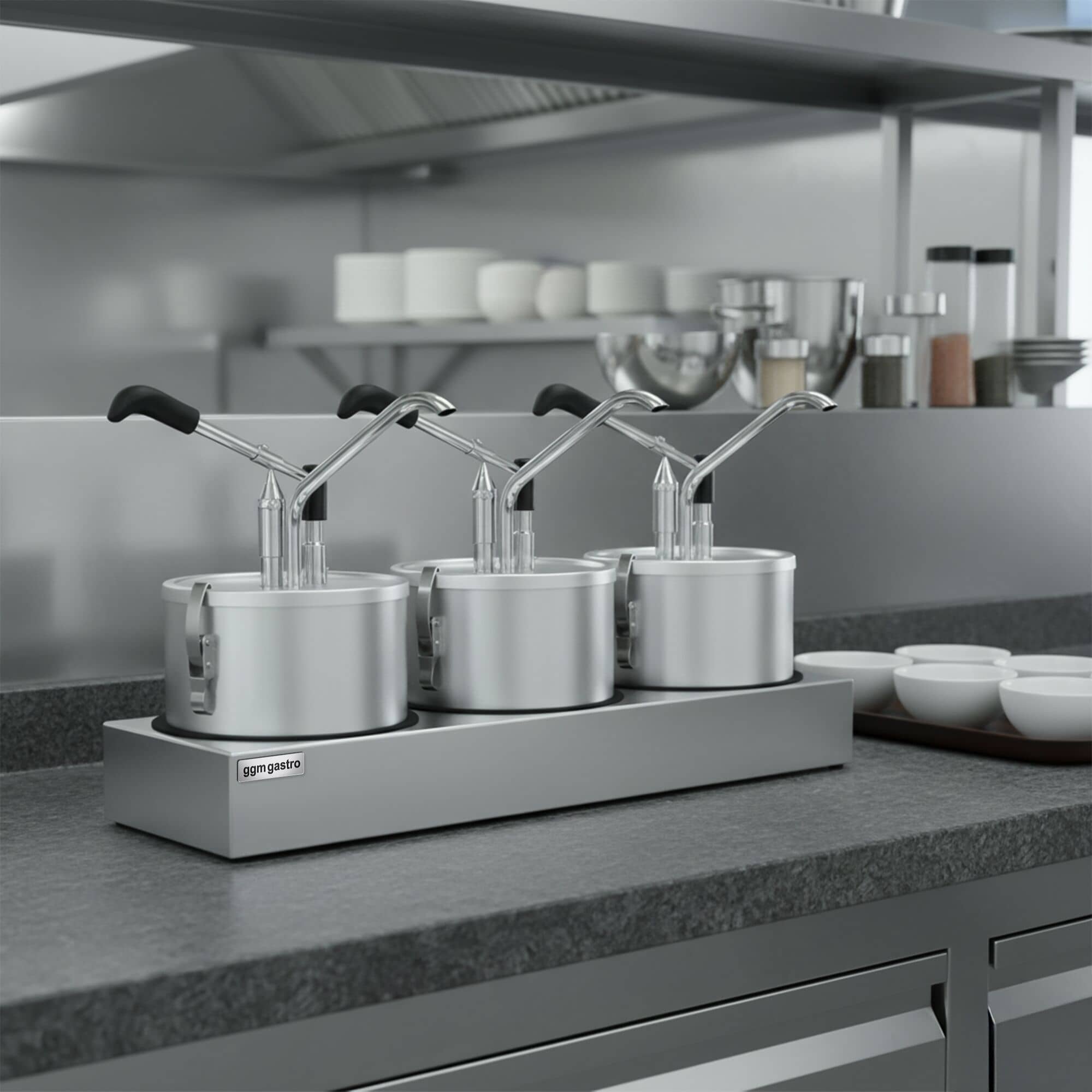 Dozator sosuri - oțel inoxidabil - 3x 4 litri - dozare 25–40 g - 600x203x350 mm - cu Recipient - incl. Suport inox dozatoare sosuri — 4