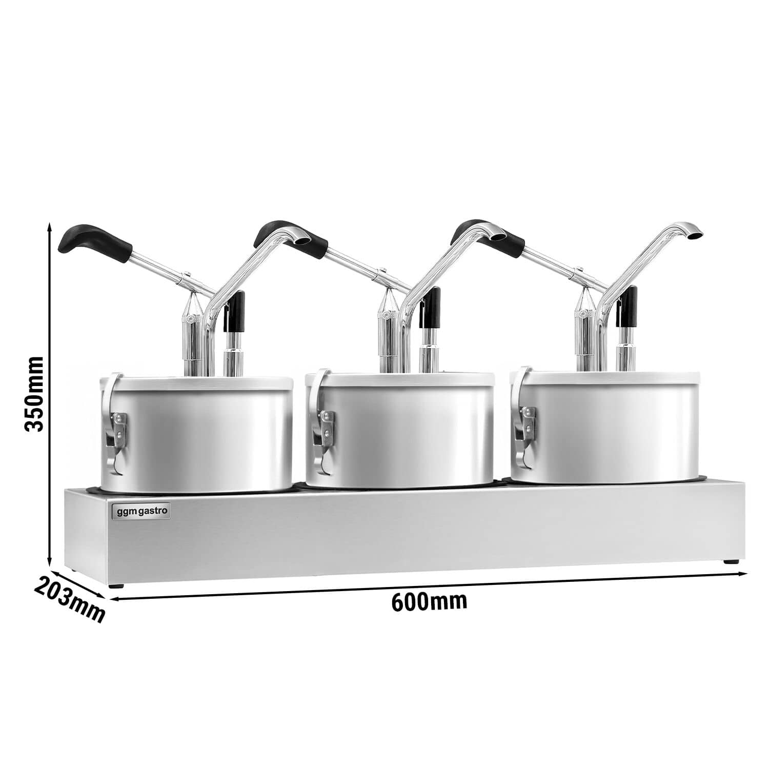 Dozator sosuri - oțel inoxidabil - 3x 4 litri - dozare 25–40 g - 600x203x350 mm - cu Recipient - incl. Suport inox dozatoare sosuri — 3