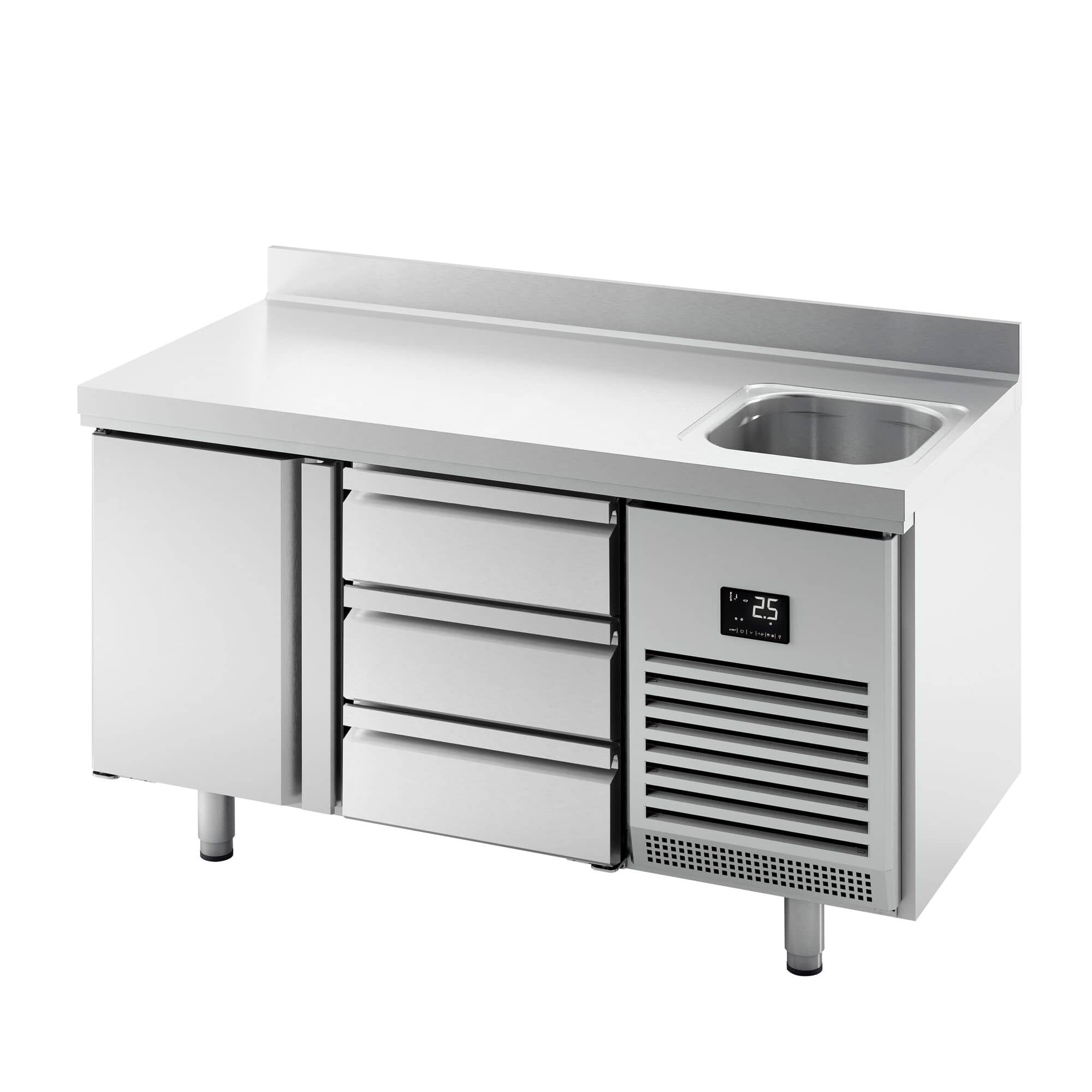 Masă frigorifică Premium PLUS – 1468 x 700 mm – cu 1 cuvă, 1 ușă, 3 sertare – rebord — 4