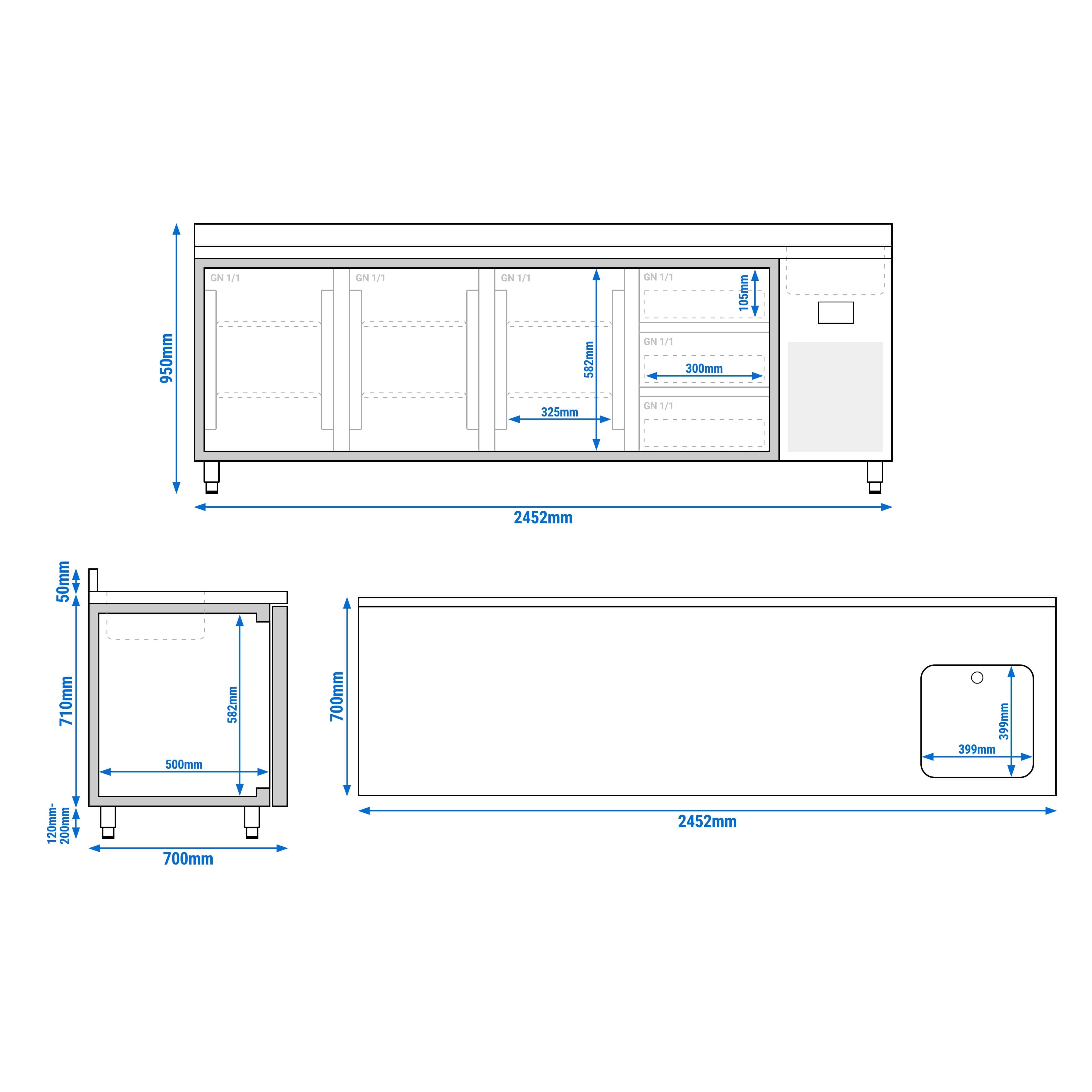 Masă frigorifică Premium PLUS – 2452 x 700 mm – cu 1 cuvă, 3 uși, 3 sertare – rebord — 12