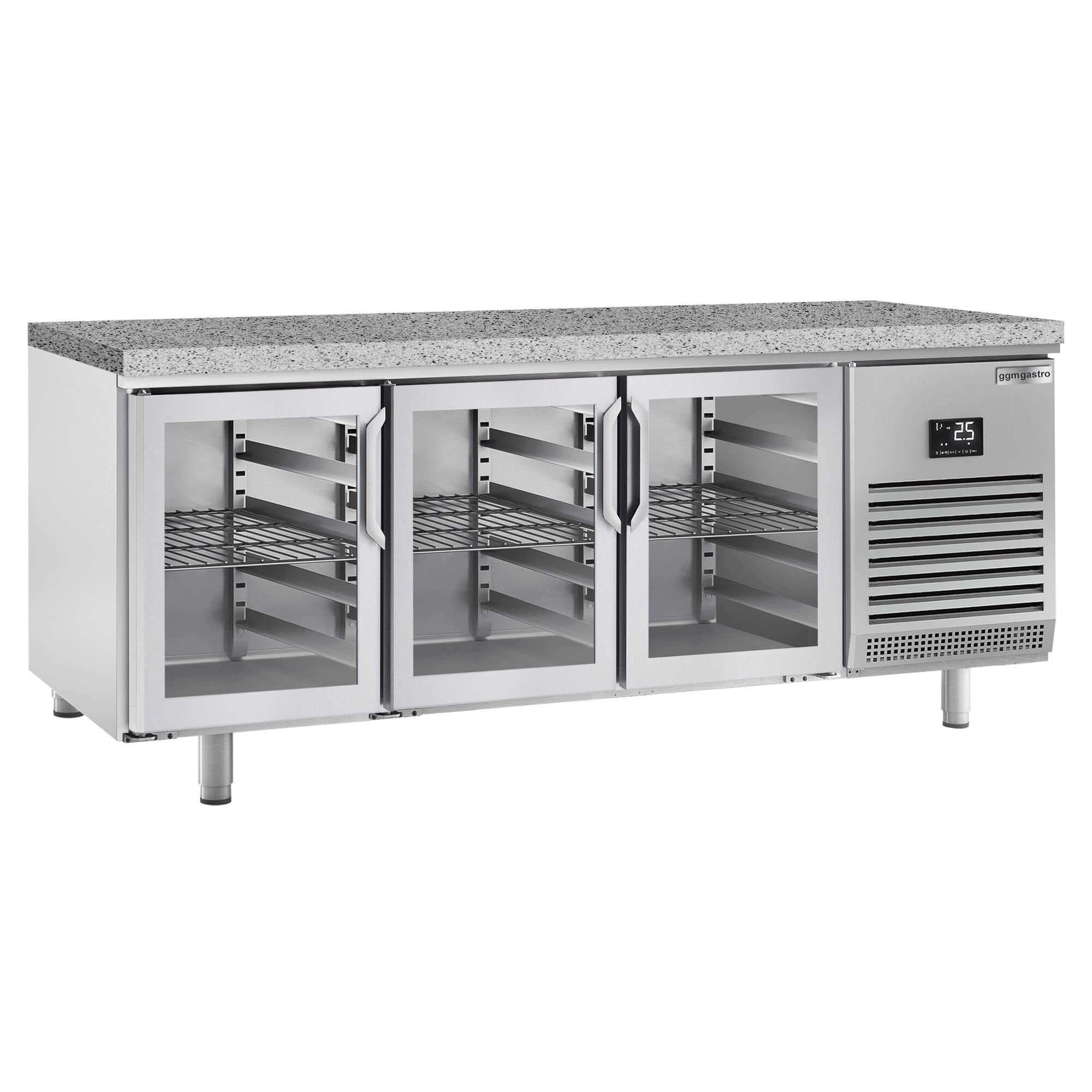Masă frigorifică panificație Premium PLUS – 2185 x 800 mm – 3 uși din sticlă – blat din granit — 4