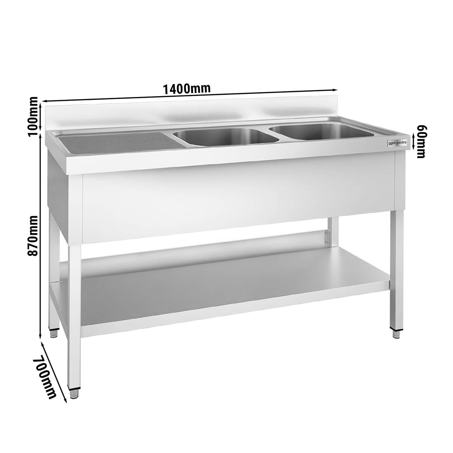 Chiuvetă profesională PREMIUM - 1400x700 mm - cu poliță inferioară - cu 2 cuve — 3