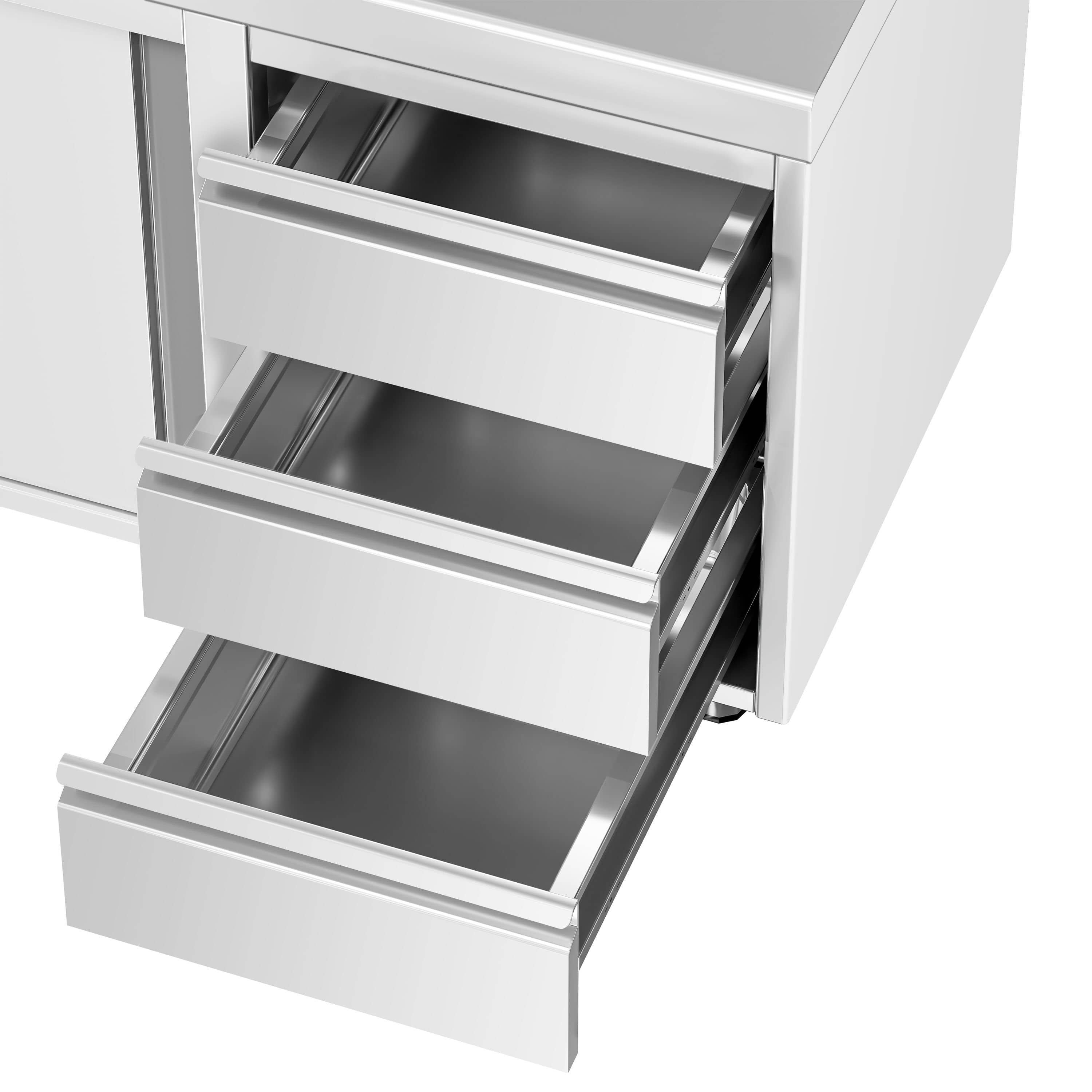 Dulap de lucru din oțel inoxidabil PREMIUM – 1400 x 700 mm – cu 3 sertare pe partea dreaptă și rebord — 12