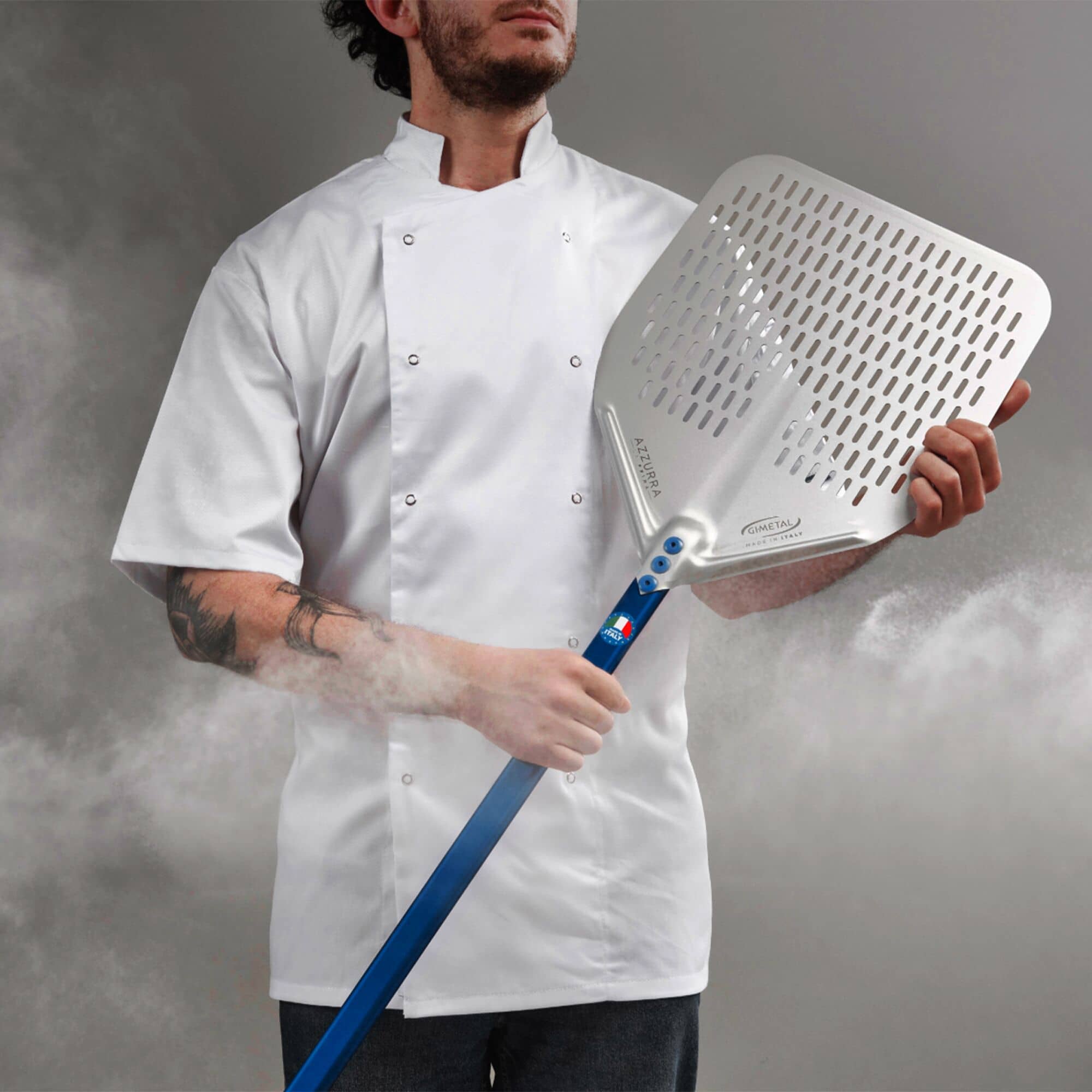 Paletă pizza - AZZURRA - Aluminiu anodizat - lamă perforată - 450x450 mm - mâner telescopic din aluminiu — 12