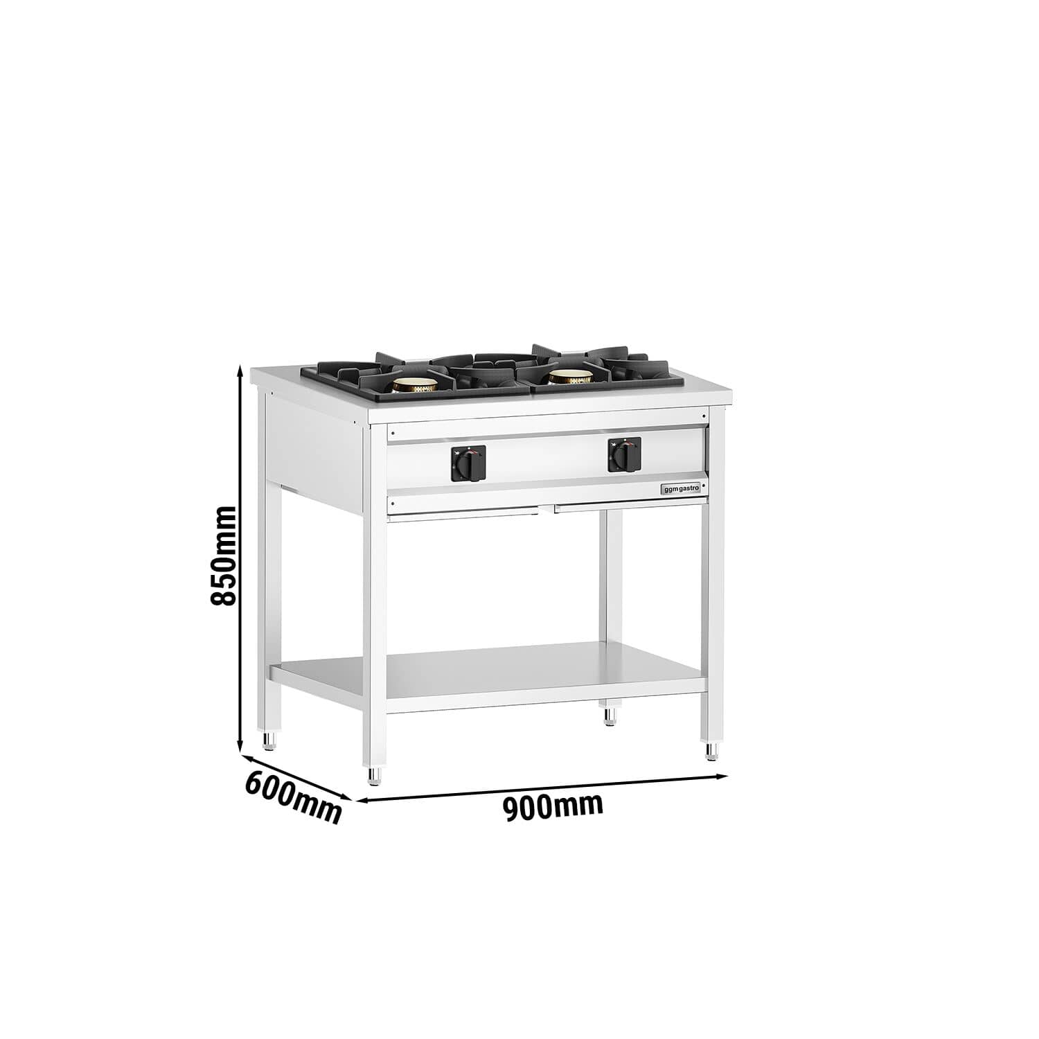 Mașină de gătit / Aragaz profesional pe gaz - Giuseppe – seria 600 - 900x600x(H)850 mm - 17 kW - 2 arzătoare - suport deschis cu pardoseală de bază și sertar de colectare — 3
