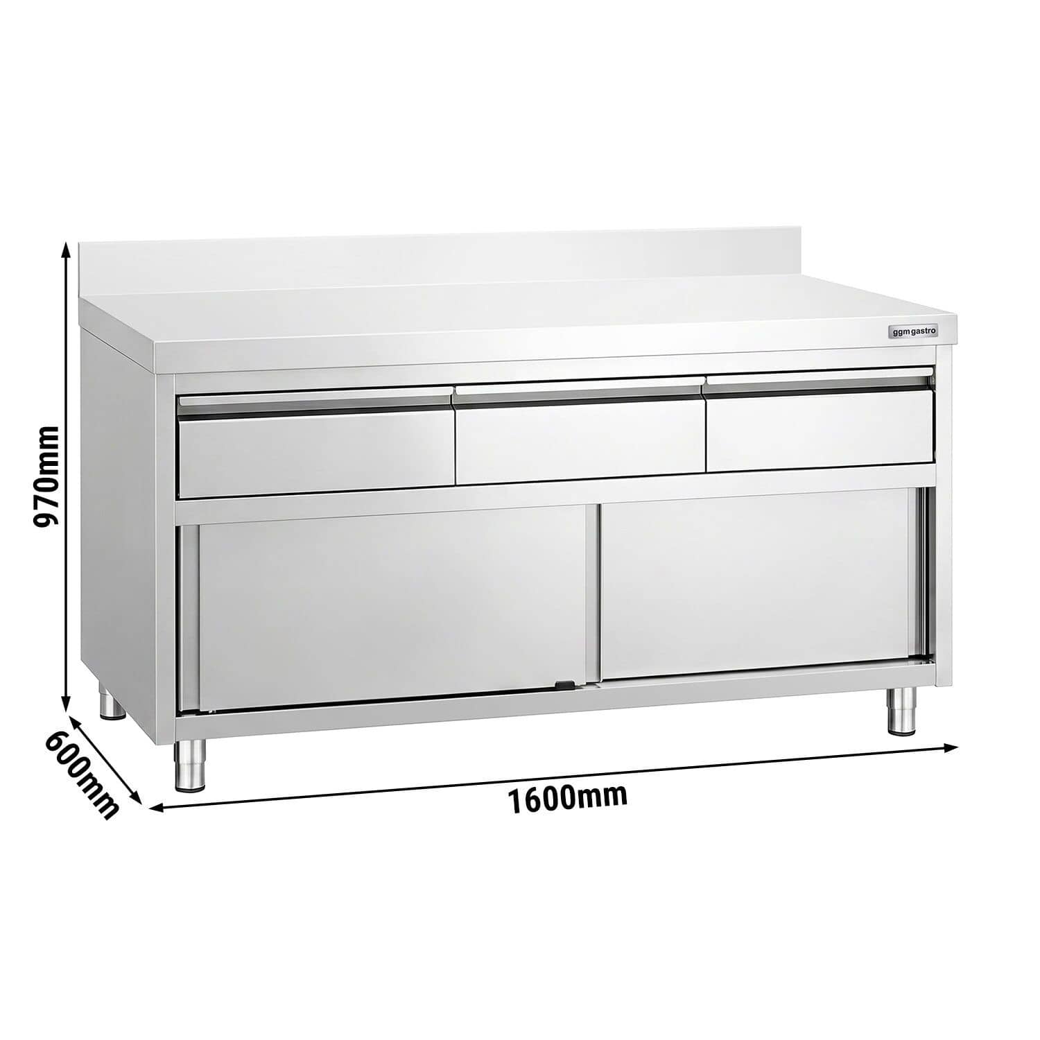 Masă de lucru tip dulap din oțel inoxidabil PREMIUM – 1600 x 600 mm – cu margine ridicată – cu 3 sertare și ușă glisantă — 3