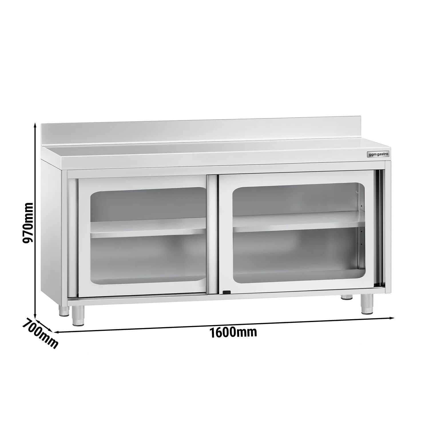 Masă de lucru tip dulap din oțel inoxidabil PREMIUM - 1600x700 mm - uși glisante din sticlă - cu rebord — 3