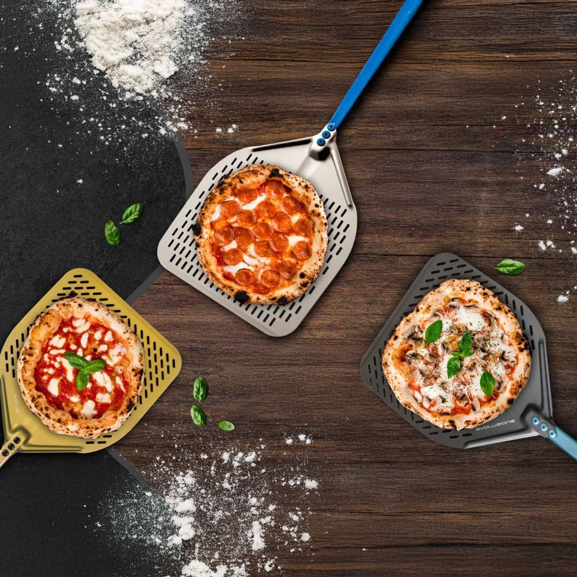 Paletă pizza - AZZURRA - Aluminiu anodizat - lamă perforată - 450x450 mm - mâner telescopic din aluminiu — 13