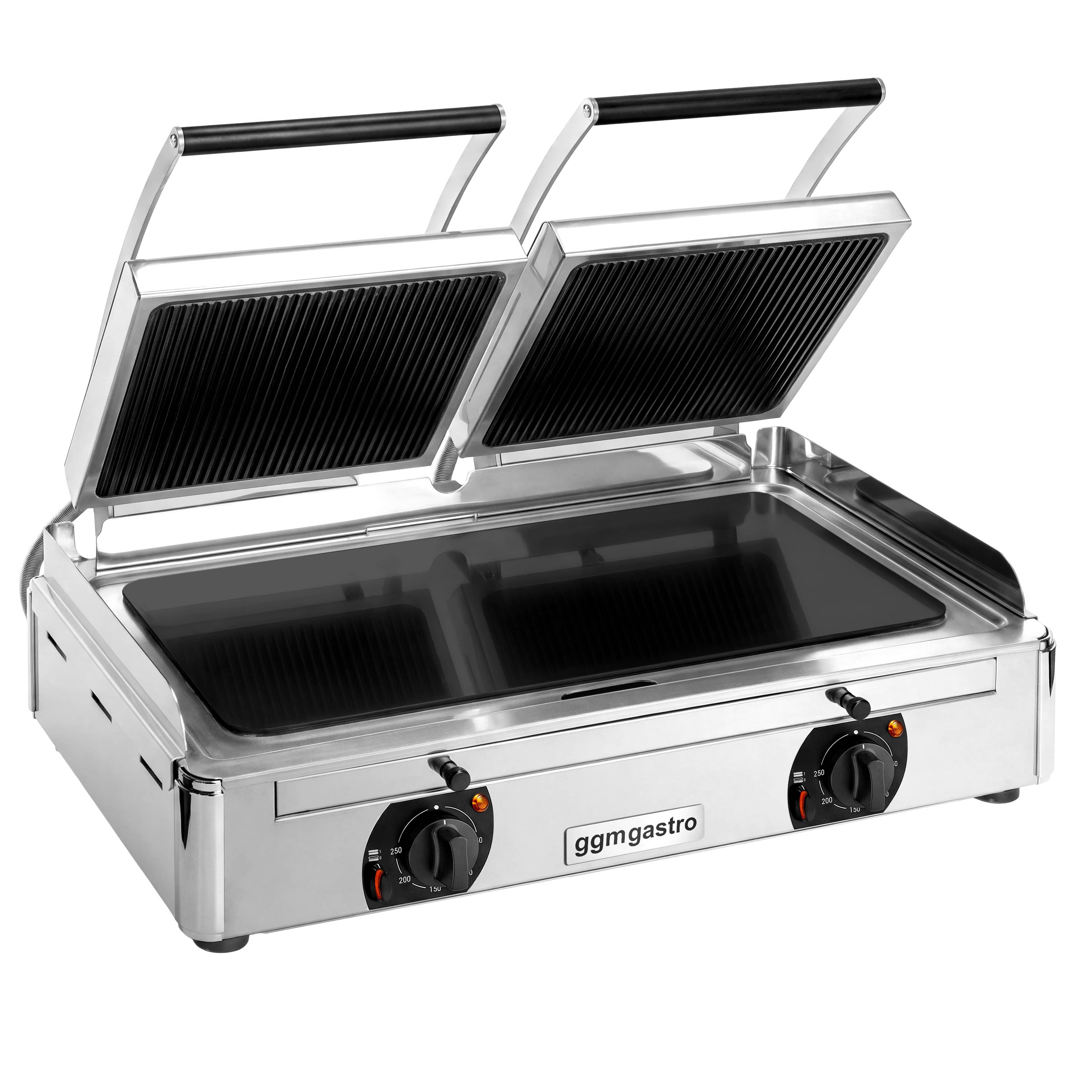 Grătar cu contact din vitroceramică – 3,4 kW – partea inferioară netedă și cea superioară striată – 2 suprafețe de gătit: 220x220 mm — 2