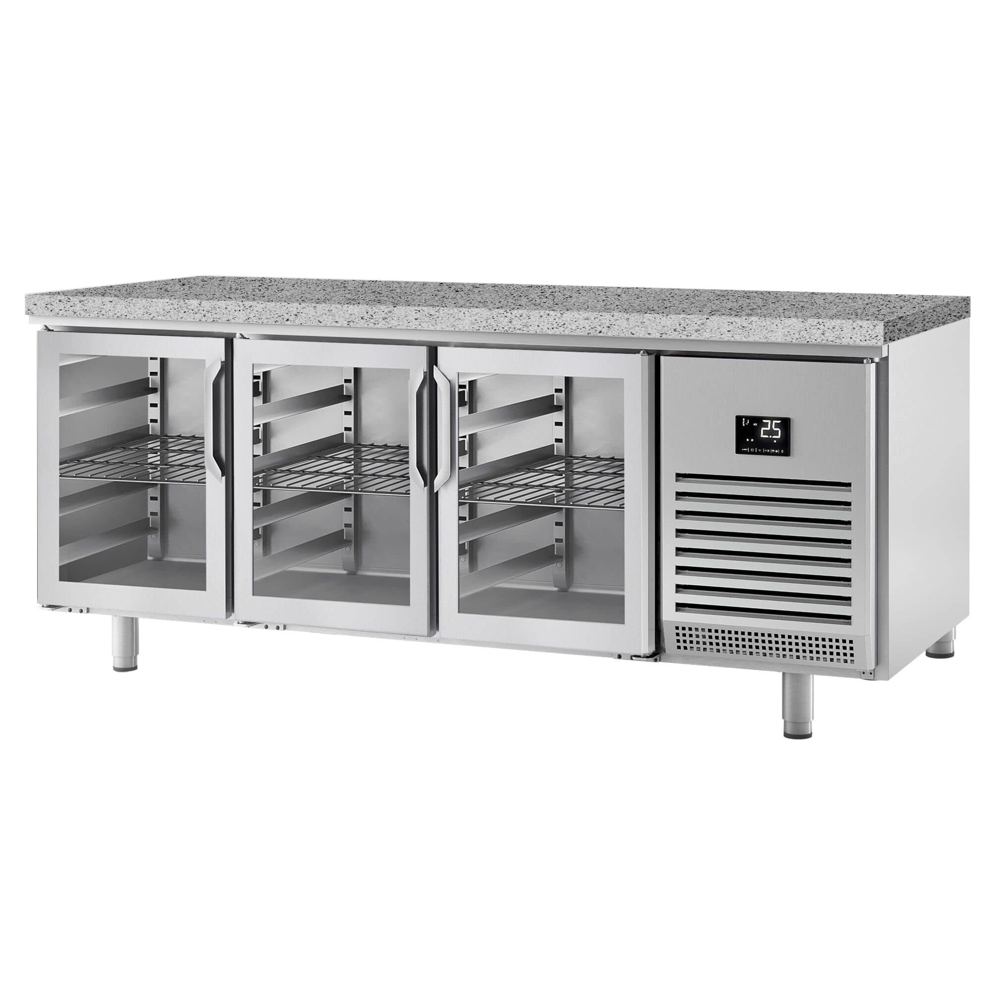 Masă frigorifică panificație Premium PLUS – 2185 x 800 mm – 3 uși din sticlă – blat din granit — 7