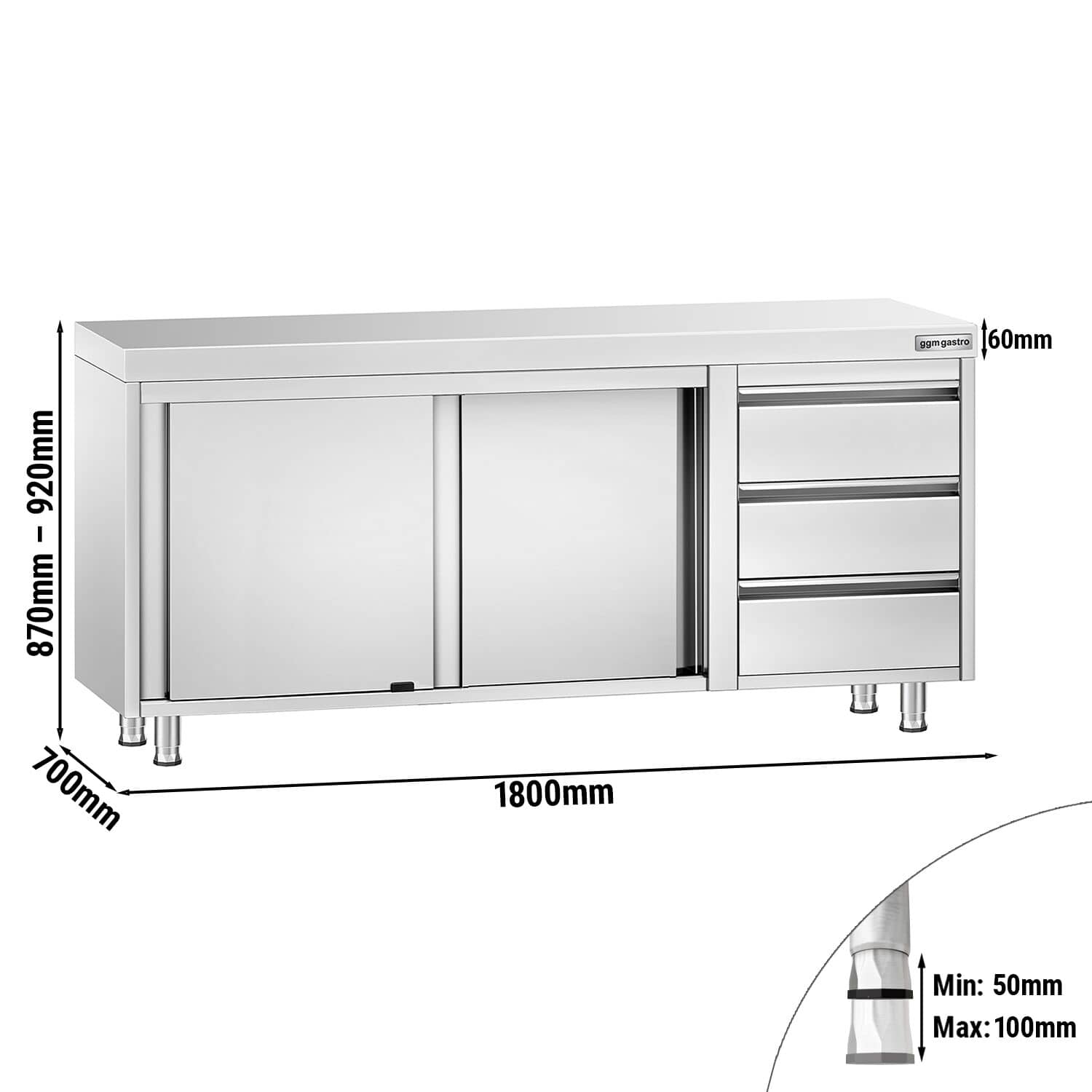 Dulap de lucru din oțel inoxidabil PREMIUM - 1800 x 700 mm - cu 3 sertare pe partea dreaptă — 3