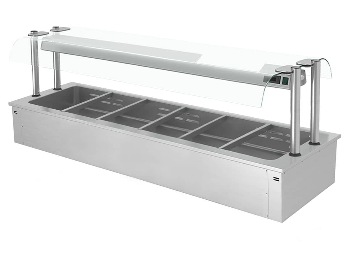 Bain-Marie de încastrat – 2100 mm – 6x GN 1/1 – 4,83 kW – cu paravan de protecție din sticlă — 2