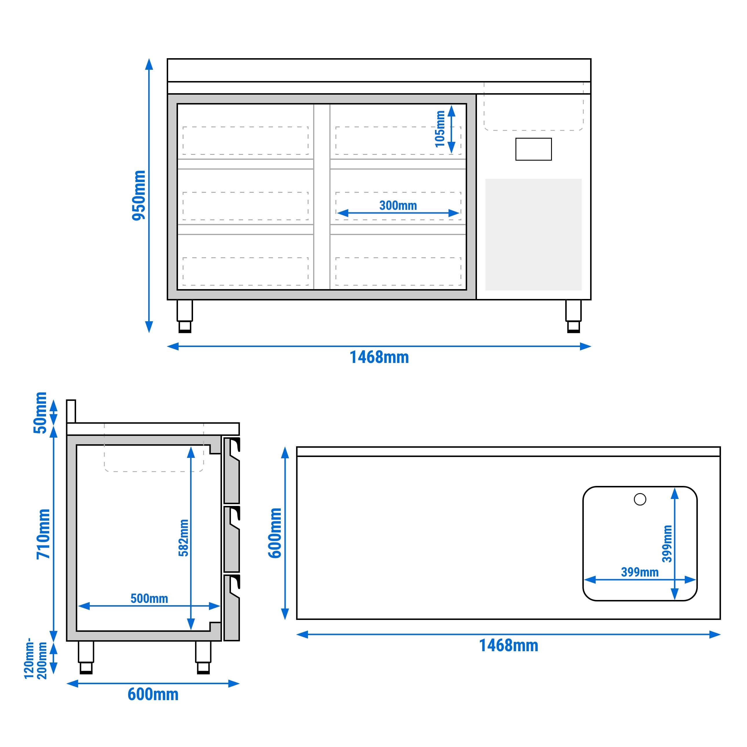 Masă frigorifică PREMIUM PLUS - 1468x600 mm - 250 L - cu 1 cuvă - cu 6 sertare - bordură - blat lucru — 9