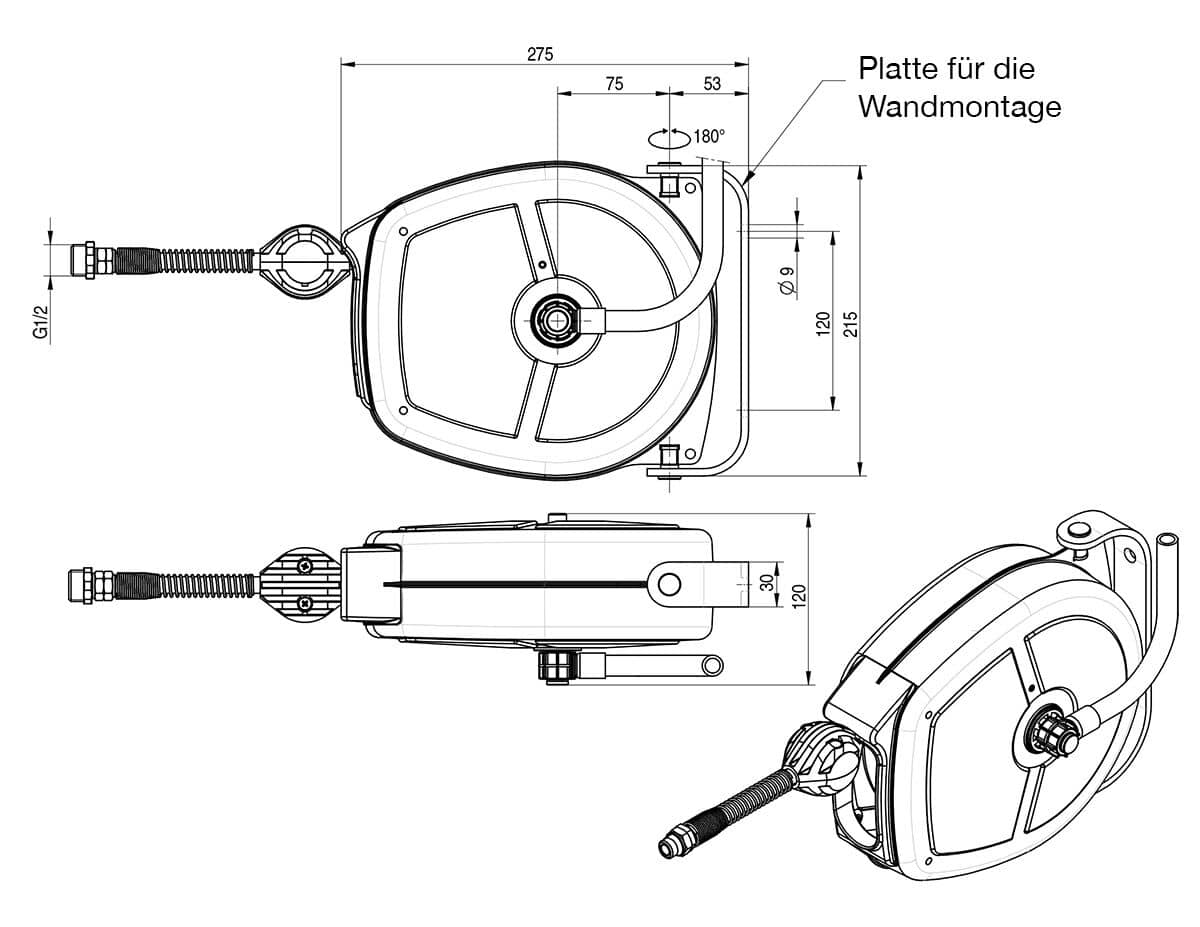 Tambur furtun - retractabil - G1/2 - 125x195x245 mm - 5 m - cu carcasă, duș de spălat vase & pistol Nito - H: 245 mm — 4