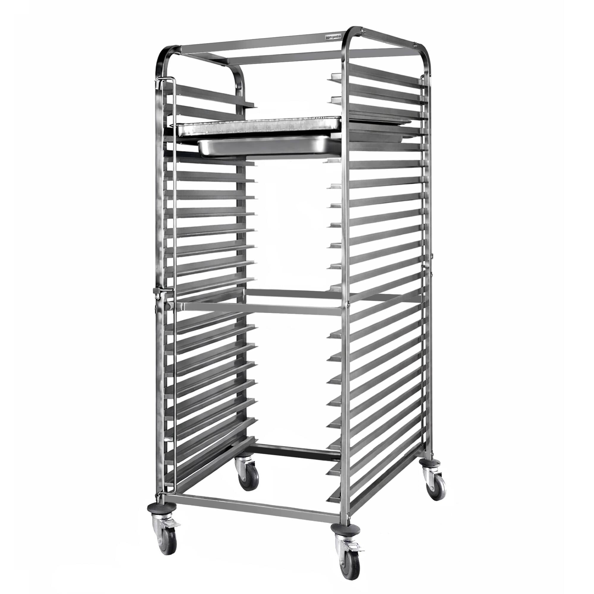 Din oțel inoxidabil Cărucior pentru tăvi - pentru 18 tăvi GN 1/1 sau 18 tăvi EN 600x400 - cu roți pivotante - 2 cu frână - roți Ø125 mm — 4