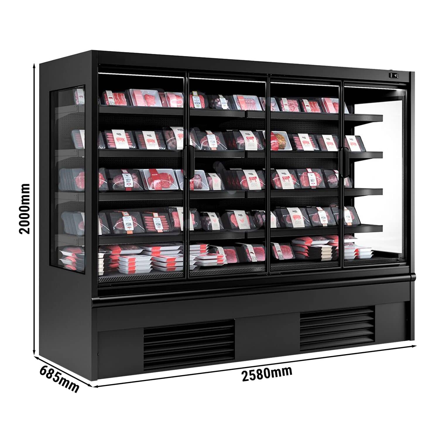 Raft frigorific - 2580 mm - 910 litri - +2°C/+4°C - cu 4 uși din sticlă cu geam dublu uși cu balamale & 4 polițe - negru — 3