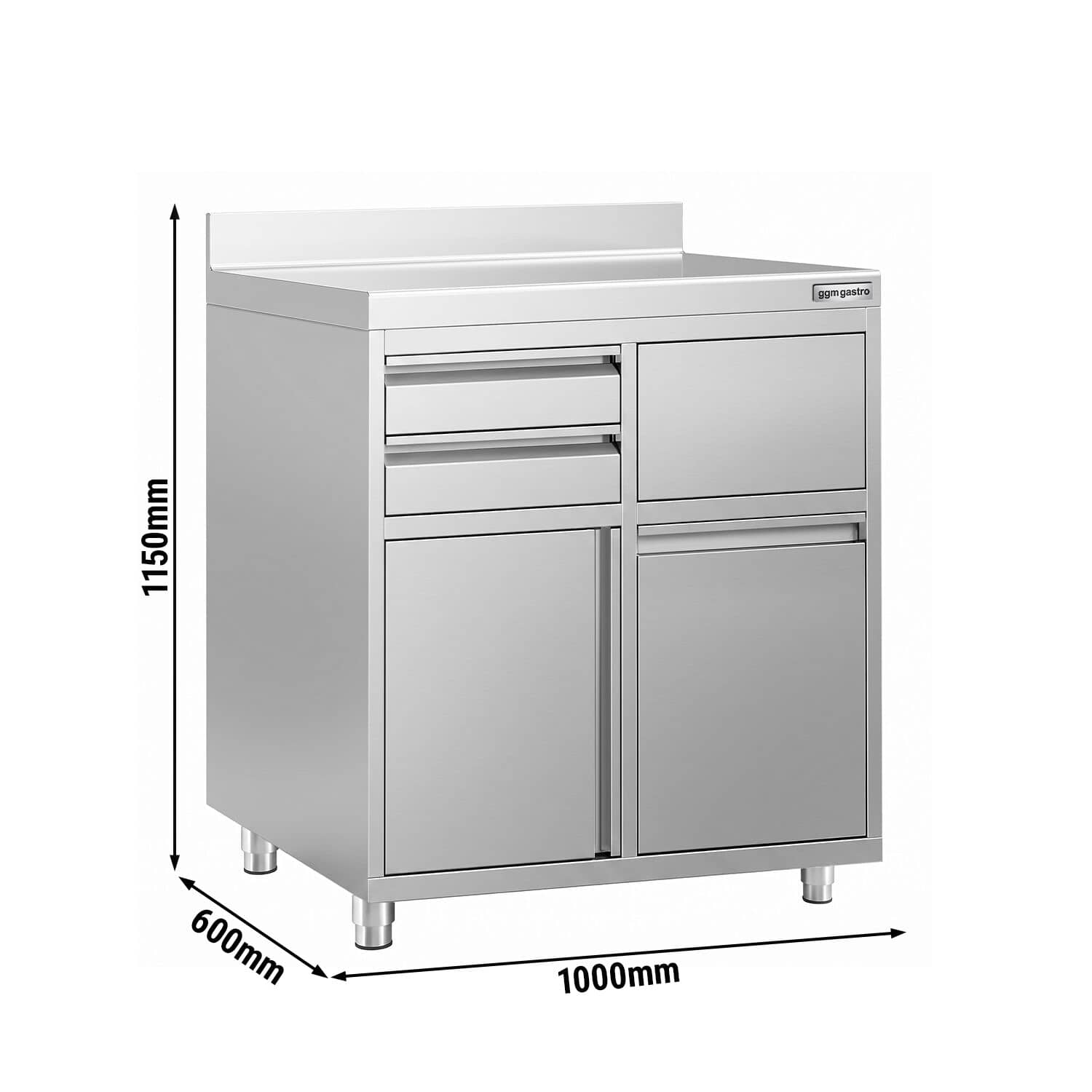 Dulap de lucru – pentru mașina de cafea – 1000 x 600 mm – cu 1 ușă batantă, 2 sertare, coș de gunoi și rebord — 3