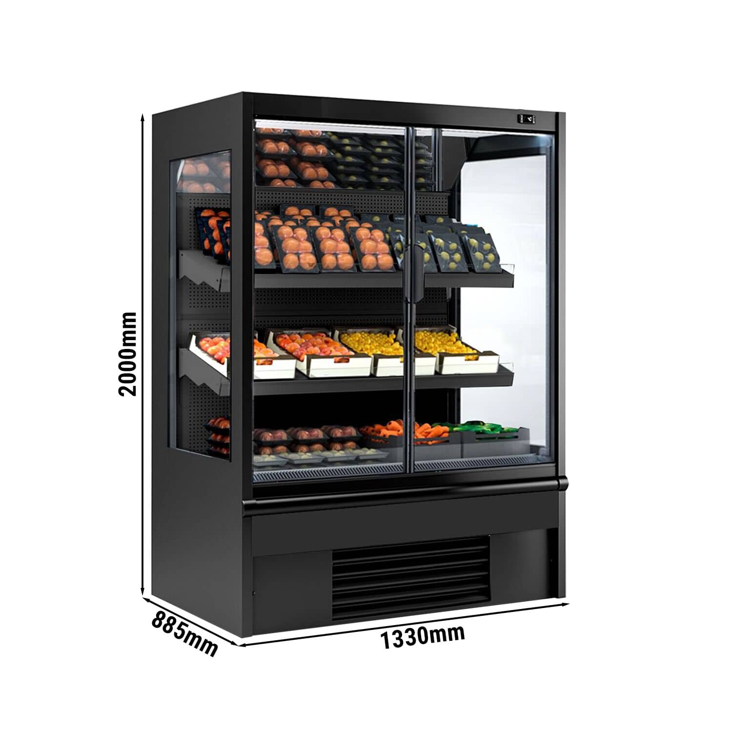 Raft frigorific - 1330 mm - 569 litri - +4°C/+6°C - cu 2 uși din sticlă cu geam dublu uși cu balamale & 2 polițe - negru — 3
