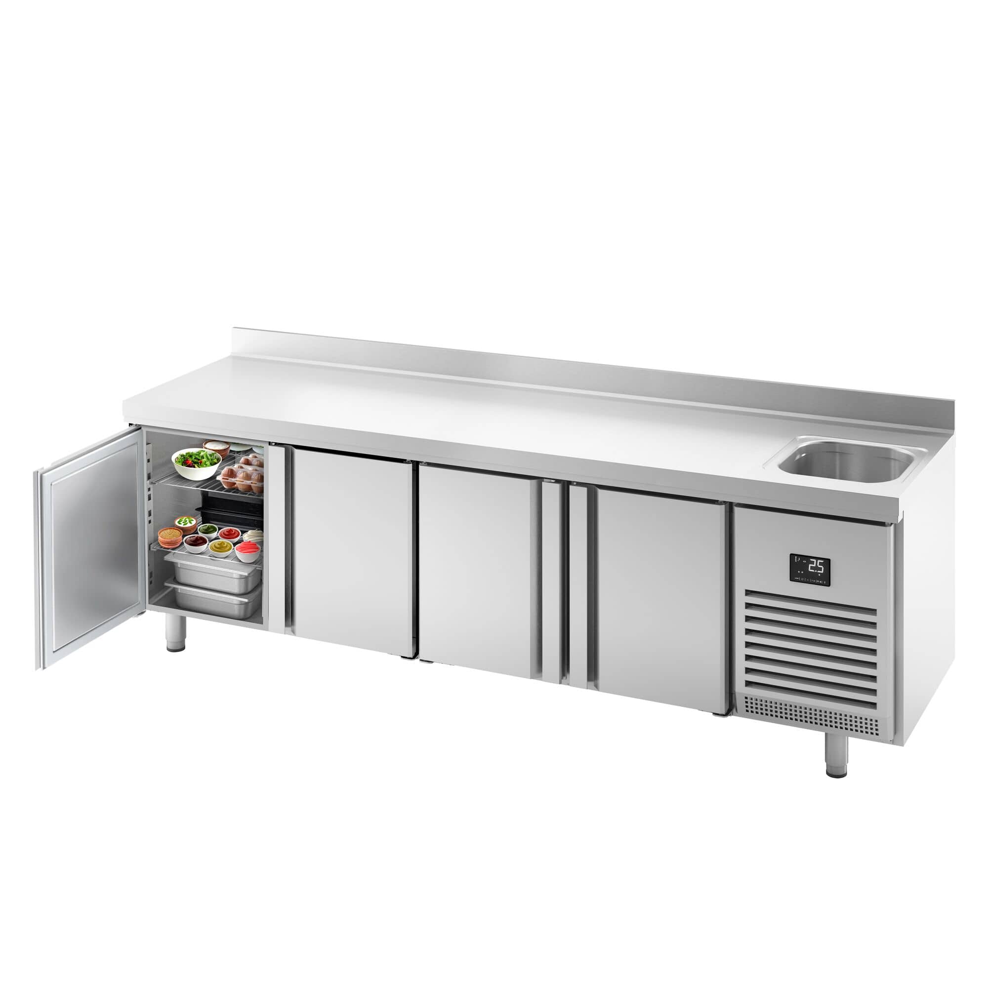 Masă frigorifică Premium PLUS – 2452 x 600 mm – cu 1 compartiment, 4 uși – cu rebord — 4
