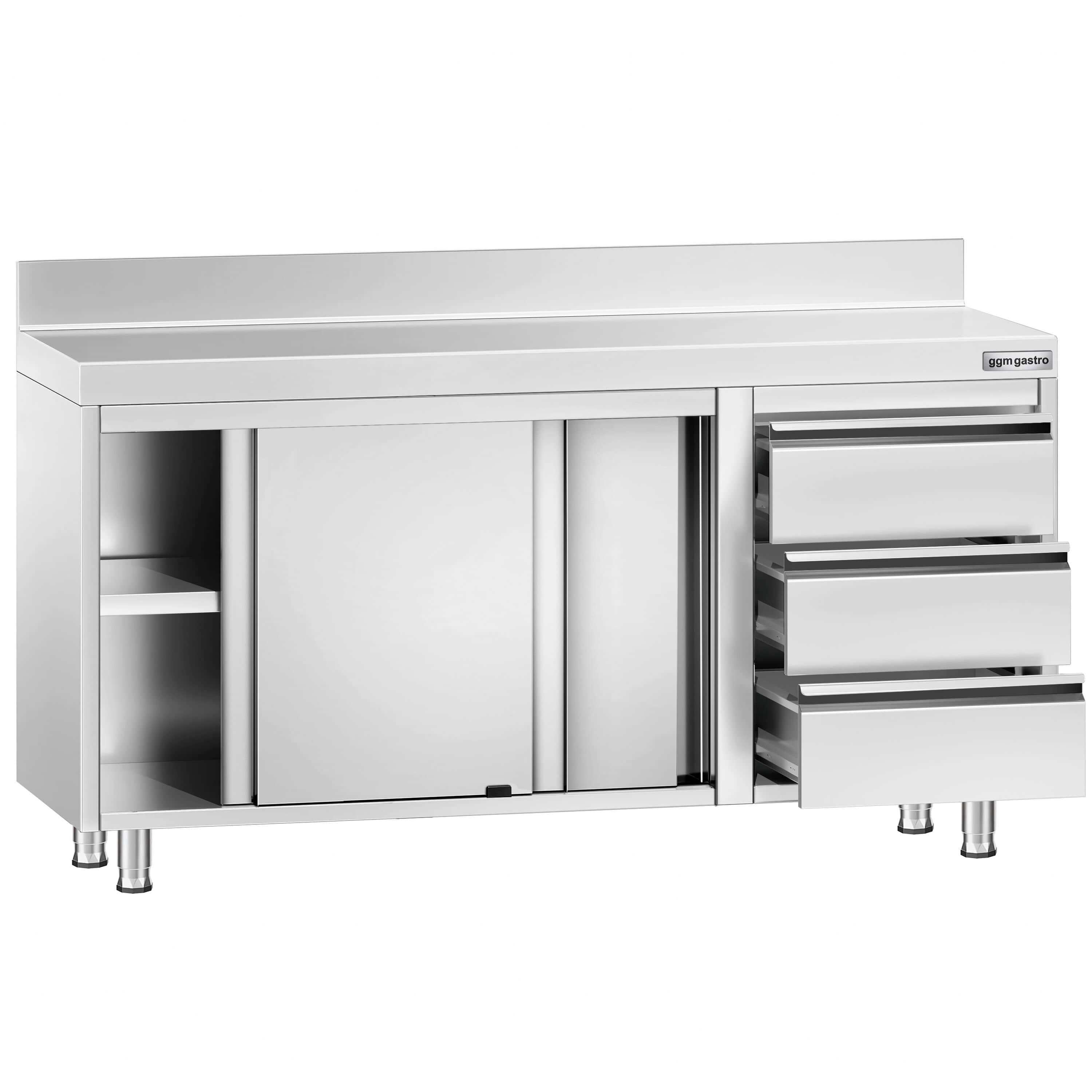Dulap de lucru din oțel inoxidabil PREMIUM – 1400 x 700 mm – cu 3 sertare pe partea dreaptă și rebord — 4