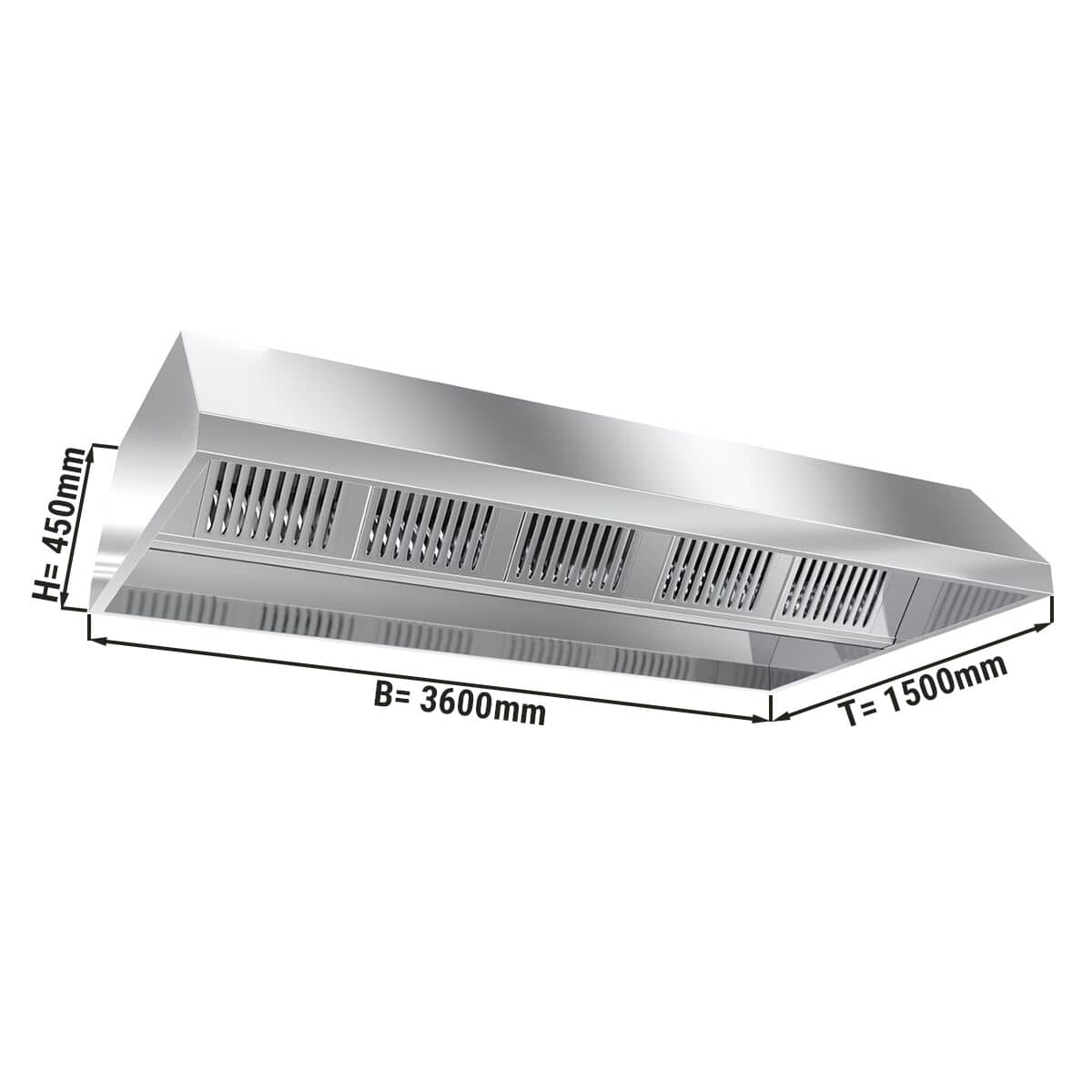 Hotă de tavan - fără motor - pregătită pentru ventilator extern - 3600 mm - cu filtre labirint (HoReCa) și iluminare — 3