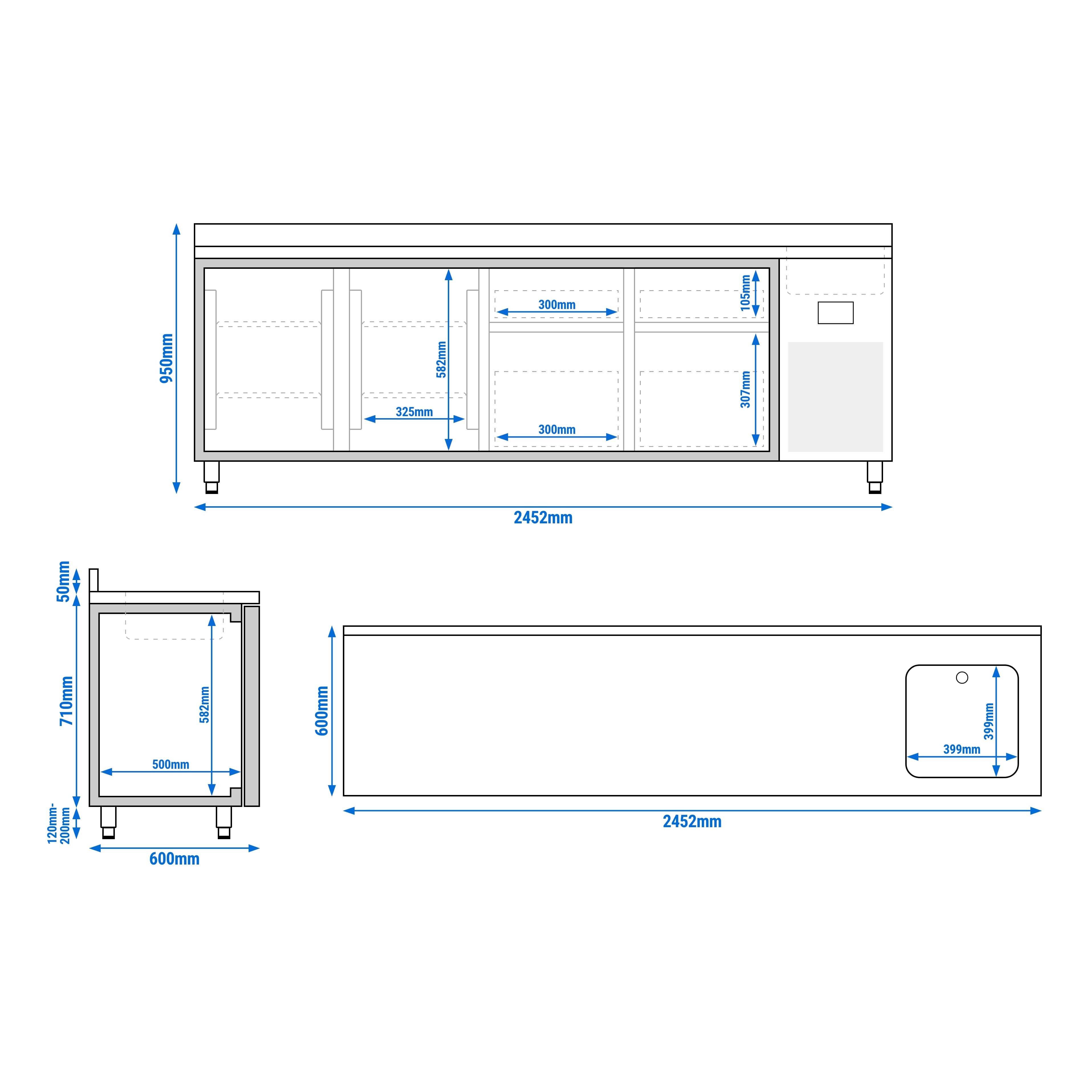 Masă frigorifică Premium PLUS – 2452 x 600 mm – cu 1 cuvă, 2 uși, 4 sertare – rebord — 11
